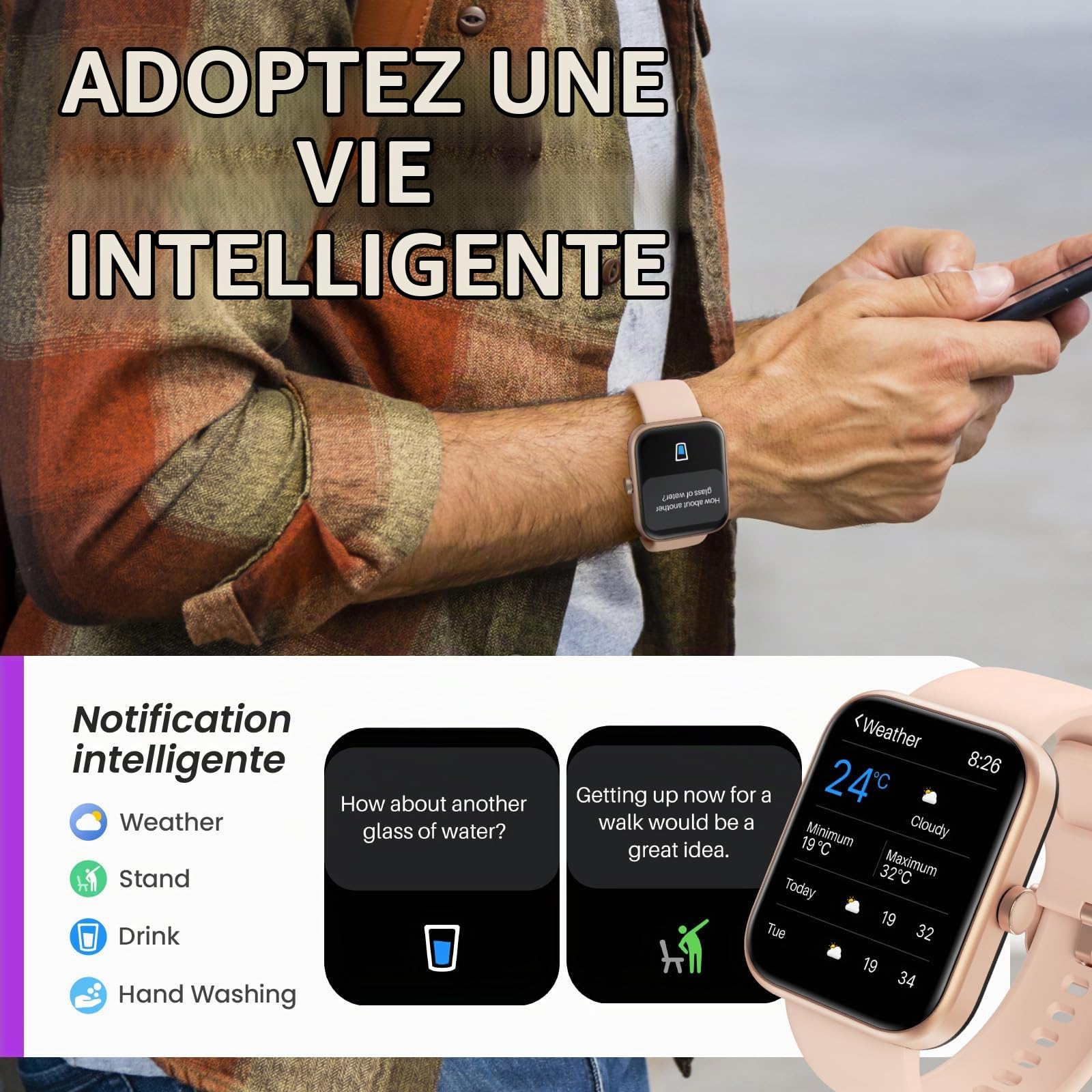 TOZO S3 Montre Connectée Femme Homme avec 1.83” Écran Smartwatch IP68 avec Multiples Fonctions de Santé et Vie 100+ Modes Sportifs Rose