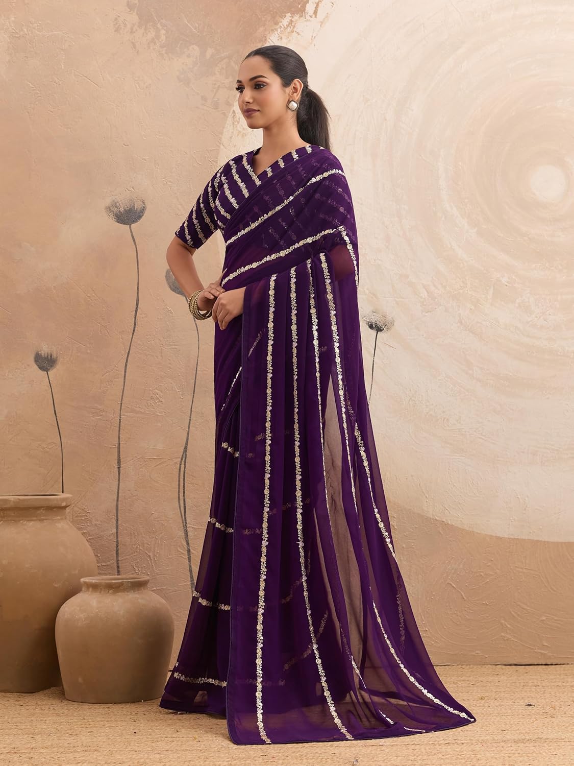 Saree for Women Georgette Floral - stripes design sequin Embroidery work Saree with Blouse Piece