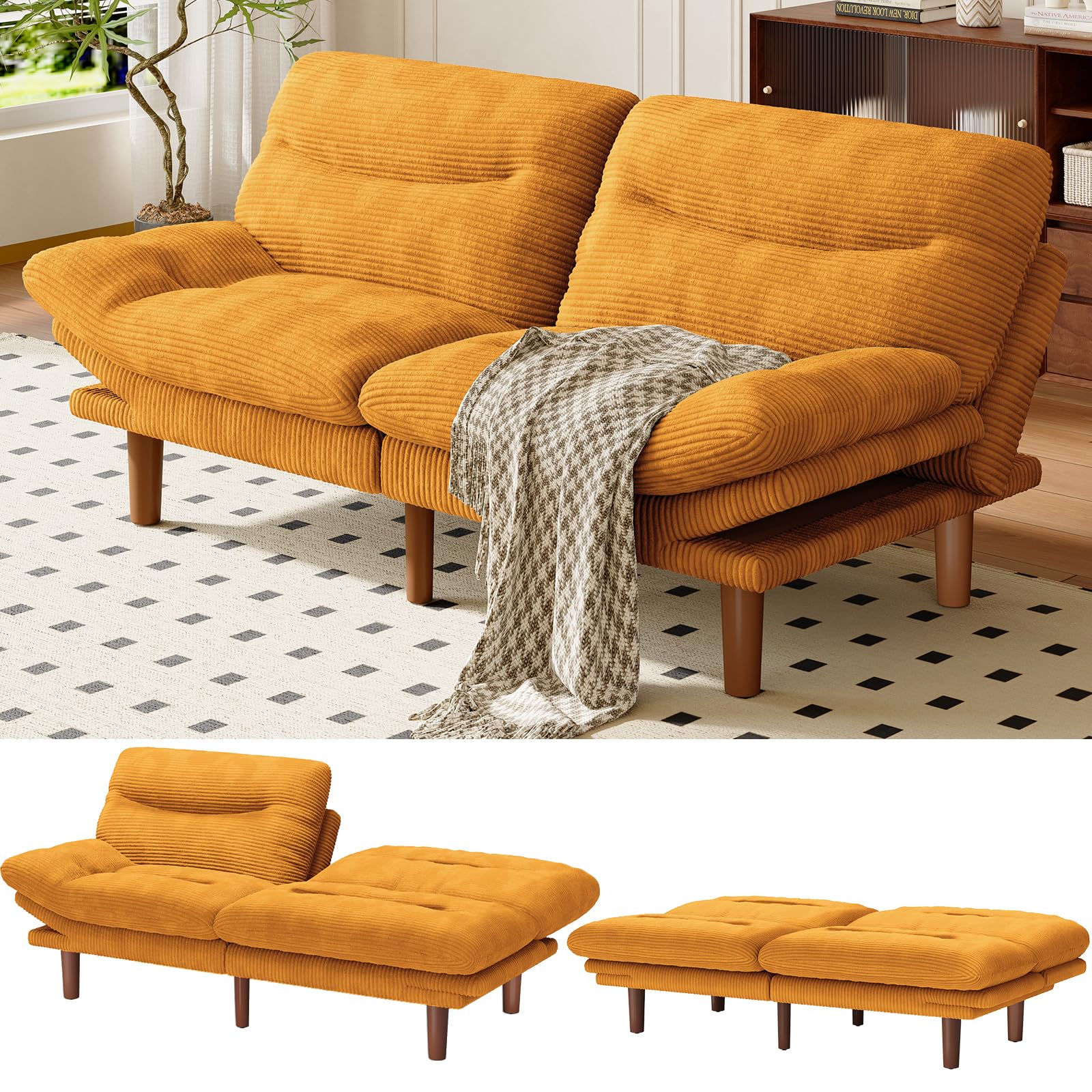 Amada Convertible Corduroy Futon Sofa Bed, 66 inch, Orange