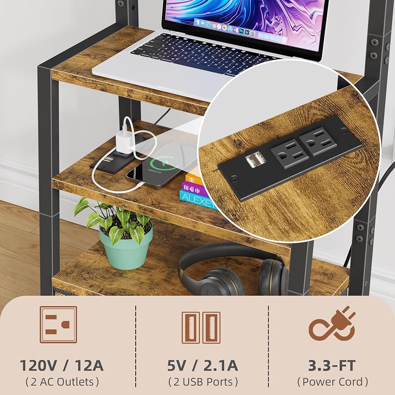 Rolling TV Stand with Wheels and Mount & Fabric Drawer - Entertainment Center with Power Outlet and Small TV Stand for Bedroom, Living Room - 15" Rustic Brown image 2