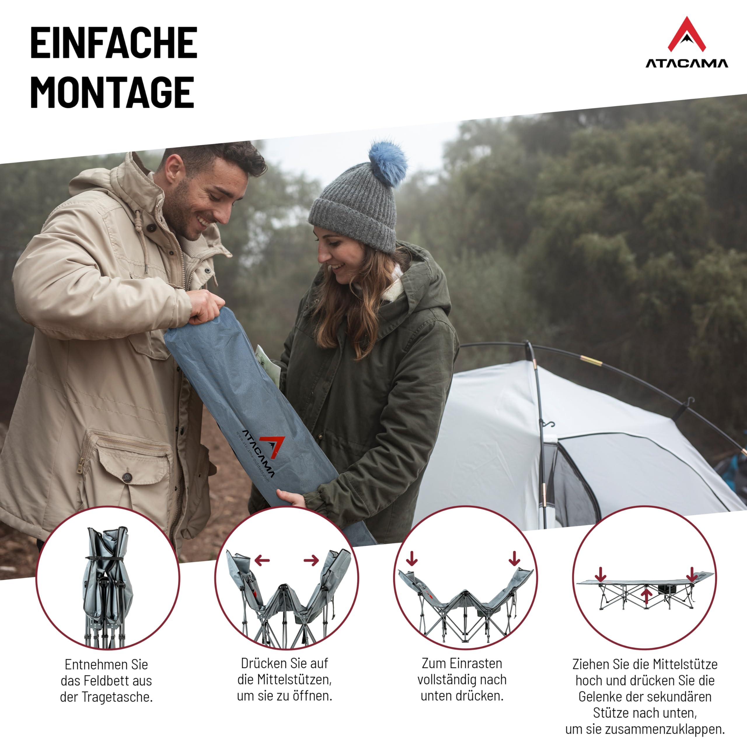 Atacama Feldbett Klappbar, Ultraleichtes Campingbett, Ideal für Outdoor-Abenteuer und Karpfenliege, komfortabel, tragbar Feldbett XXL, 190 x 68 x 38 cm