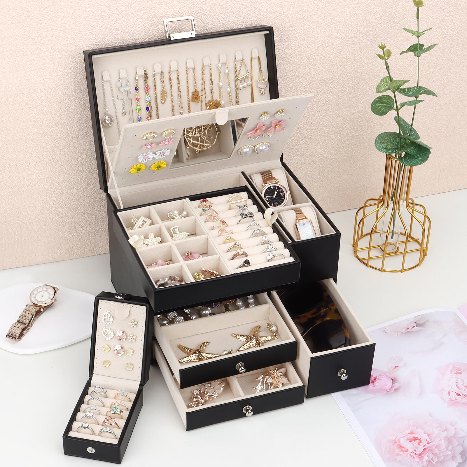 Caja Joyero de 3 Capas de PU, Joyeros Mujer Organizador Grande con Cajones, con Mini Caja Portátil para Viajar, Caja Organizador de Joyas para collares, pendientes, anillos, Negro