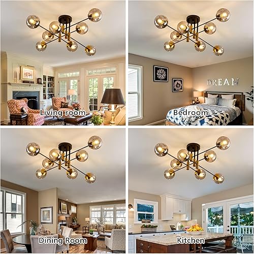 Miniatura 5 de SZXYKEJI Lámpara de techo con forma de globo de cristal de 8 luces, color negro y dorado de mediados de siglo, lámpara Sputnik de montaje empotrado,