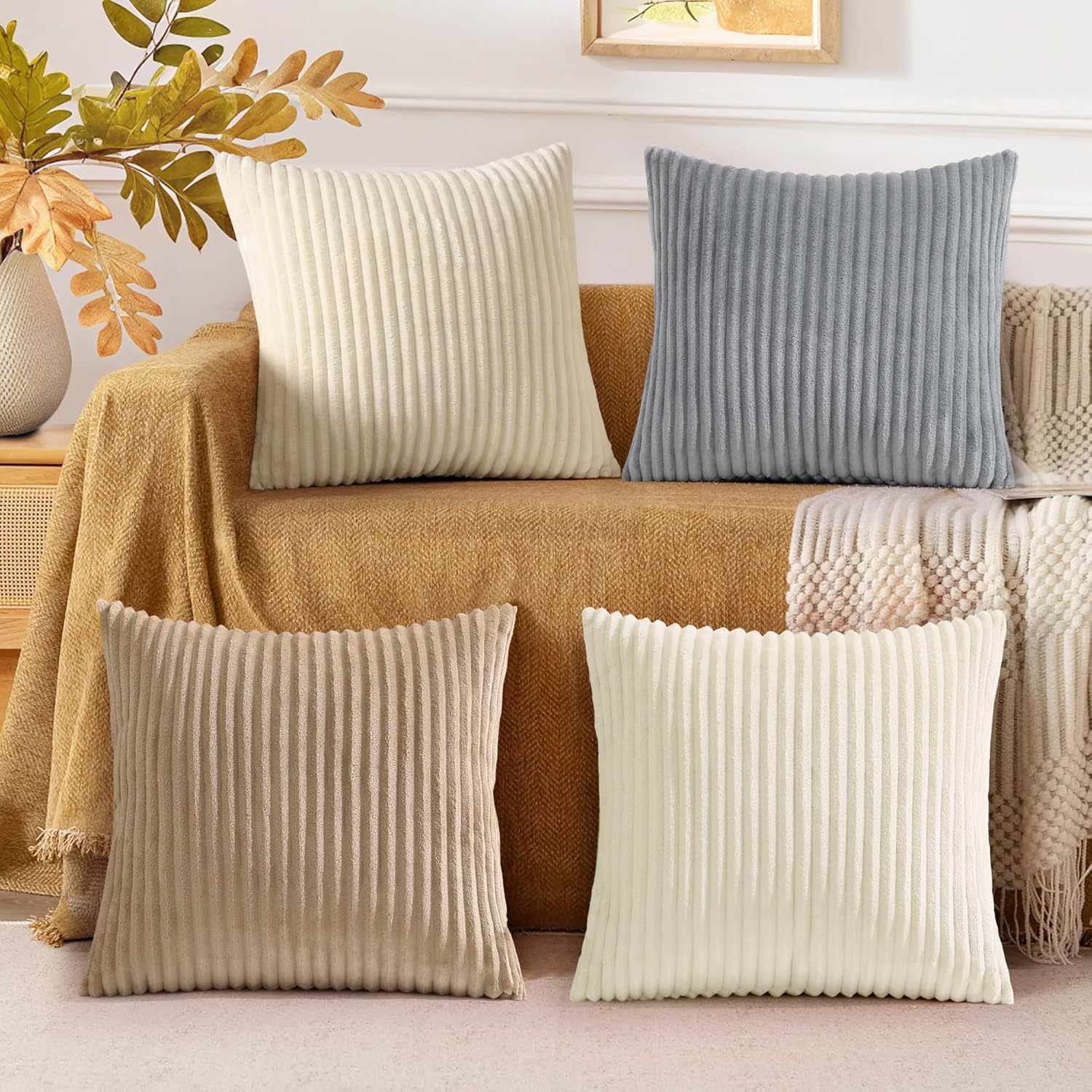 decorUhome Set of 4 Flannel Throw Pillow Covers 18x18 Inch, Spring Decorative Soft Double-Sided Fluffy Couch Pillow Covers, Farmhouse Neutral Pillow Cases for Sofa Living Room (Beige/White)