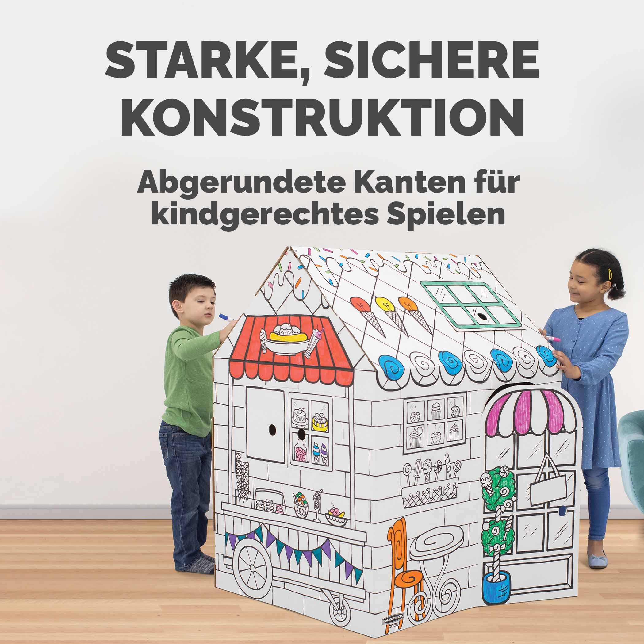 BANKERS BOX AtPlay -Treats & Eats Pappspielhaus für Kinder - Colour-In Craft Cafe Design - FSC-Zertifiziert & 100% recycelbar - Kreative Indoor-Spielhaus Spielzeug XL (81.3 x 81.3 x 121.3cm) Alter 3+