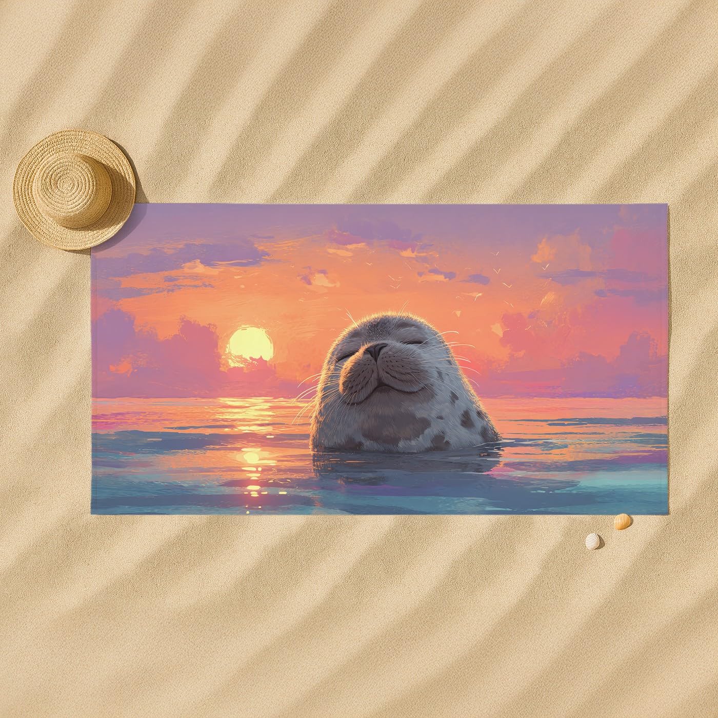 Generico Fantasia Ultra Morbidi Compatta Telo Mare Morbido Tramonto Foca,Coperta Da Spiaggia Adatto per Spiaggia, Palestra, Viaggi, Sauna Coperta Mare 200 x 100,Colorato