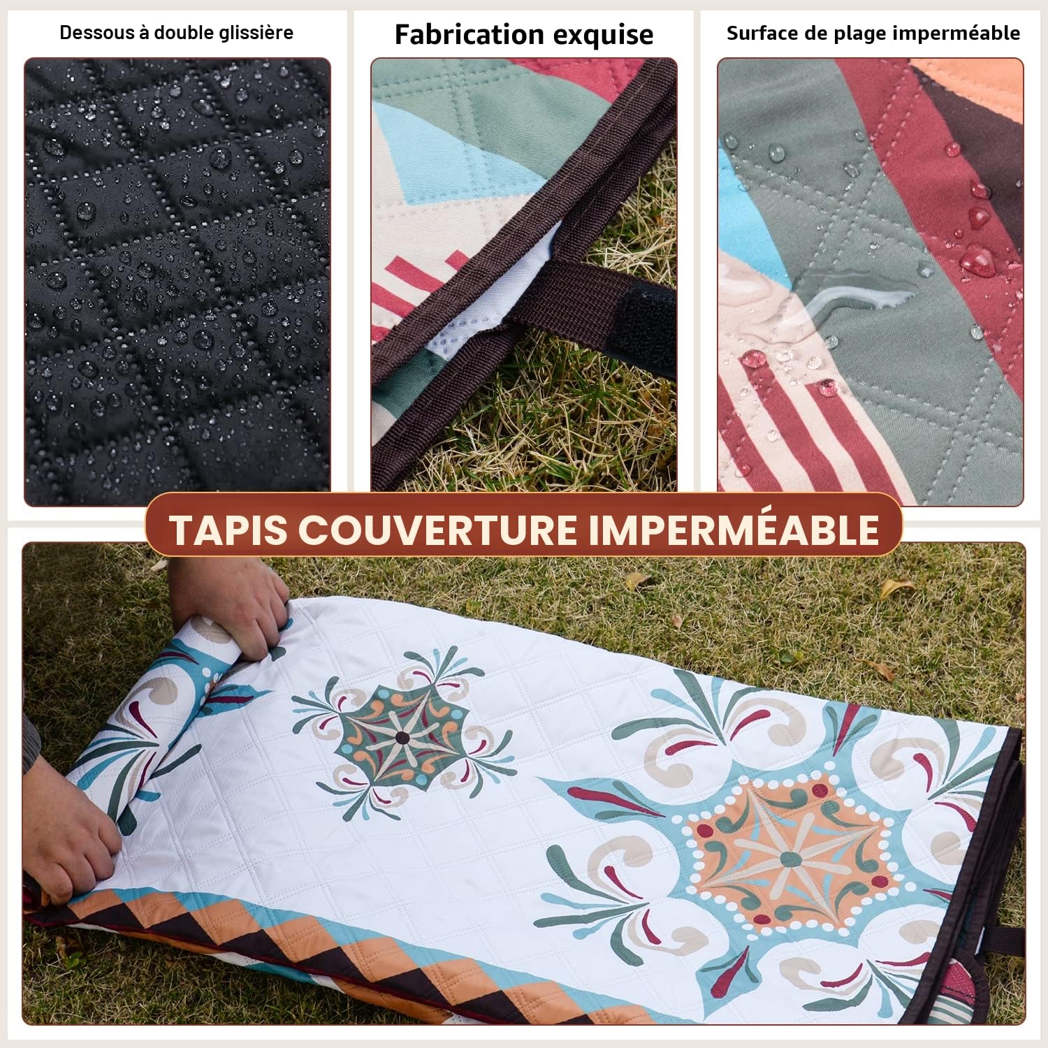LARUTAN Couverture de Pique-Nique Boho, 200x200cm Couverture de Plage sans Sable, Portable, Lavable Couverture de Pique-Nique pour Plage sèche, BBQ, randonnée, Voyage Couverture de Camping