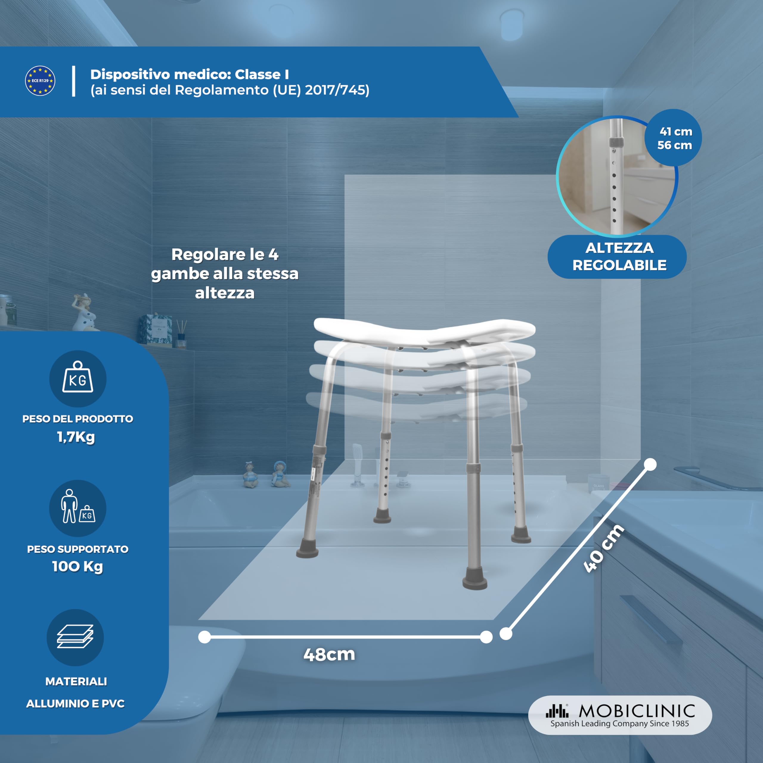 Mobiclinic®, Sedia da Doccia, Regolabile in 7 Altezze, Bahía, Sgabello Bagno, Seduta a U, Fino 100 kg, per Vasca, Piedini Antiscivolo, Alluminio