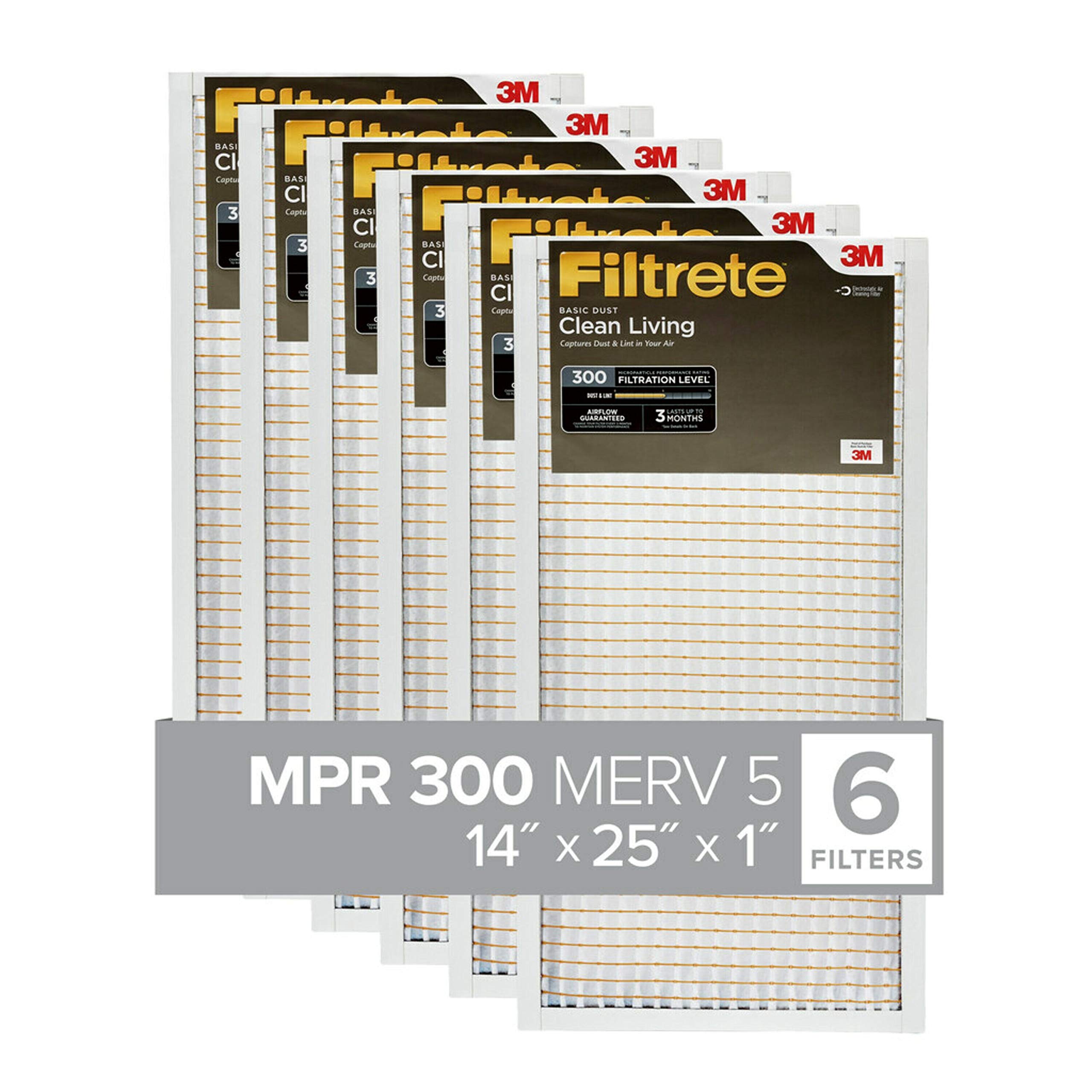 Filtrete BD04-6PK-2E , AC Furnace Air Filter, MPR 300, Clean Living Basic Dust, 6-Pack (exact dimensions 13.81 x 24.81 x 0.81), White