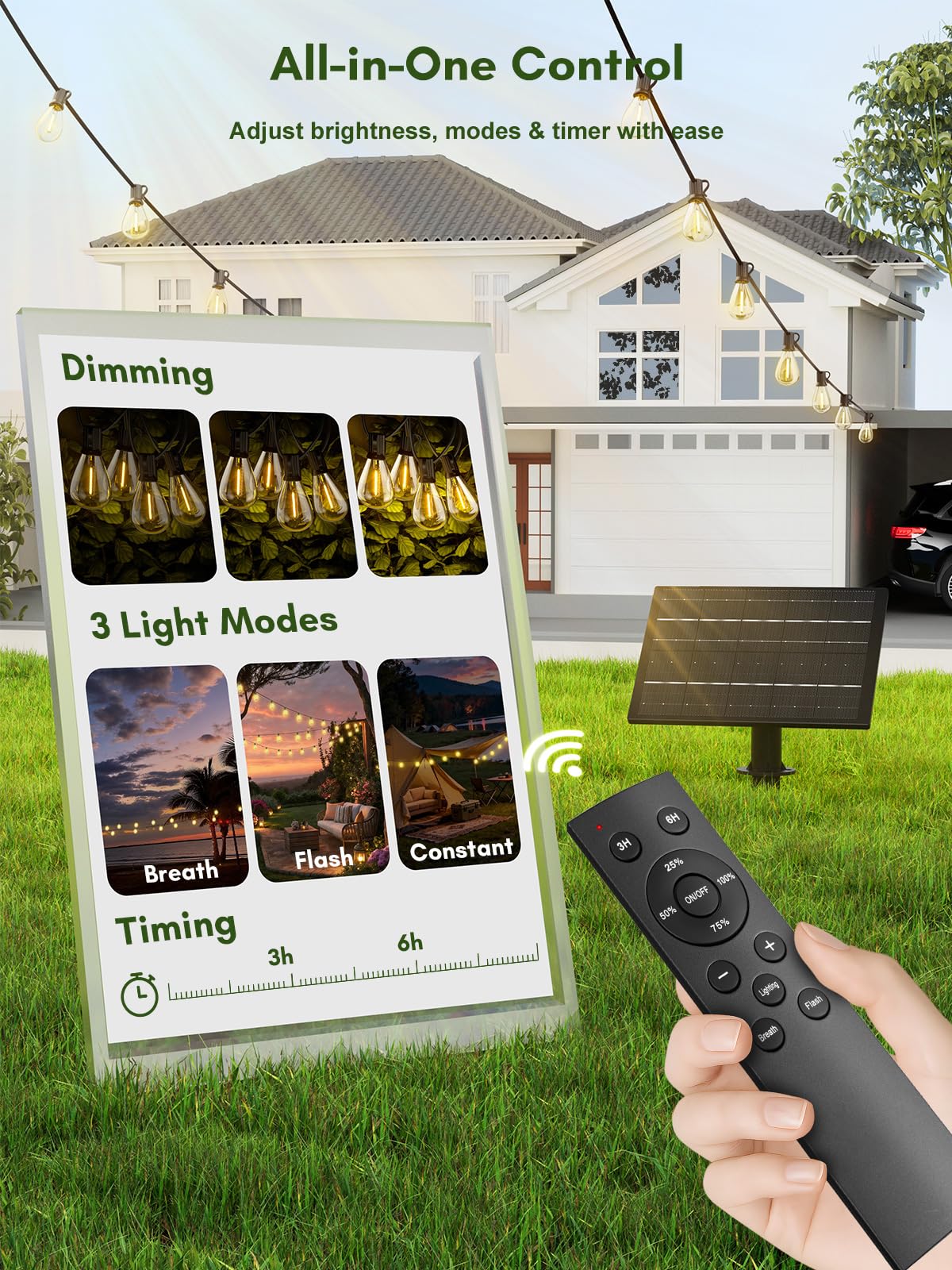 100FT Solar String Lights Outdoor Waterproof, 35+1 LED Solar Powered Lights with Remote Control, 3 Light Modes & Dimmable, USB-C Charging for Patio, Backyard, Garden, Camping - 4
