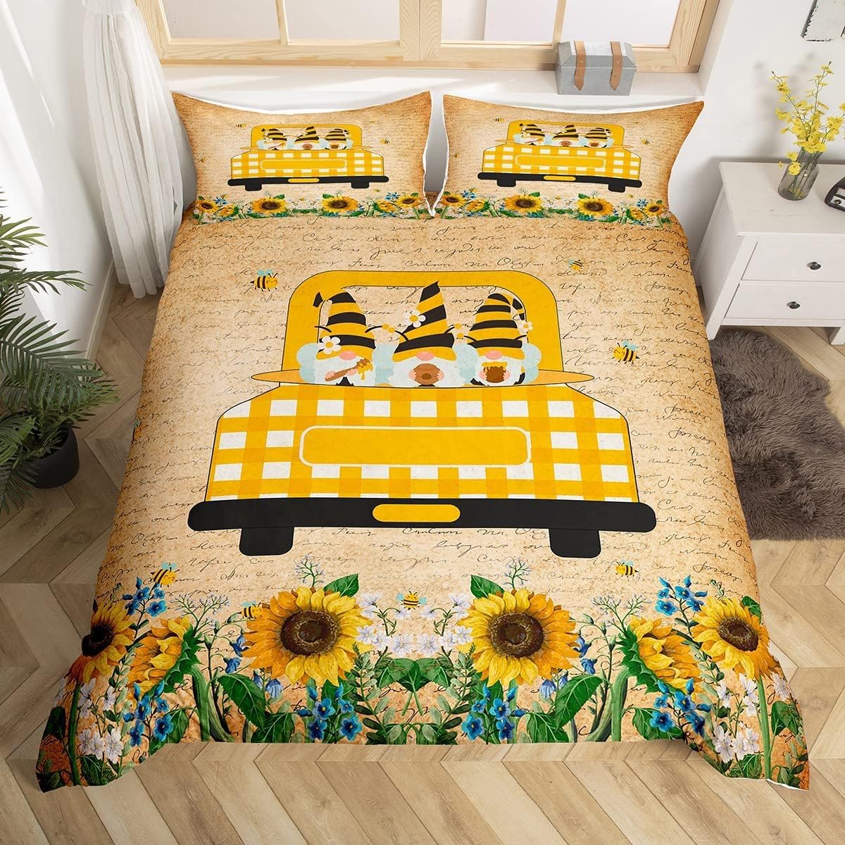Homewish Spring Gnome Duvet Cover Super King Sweet Honey Bees Truck Loads Gnomes Bedding Set For Teens Youth Rustic Sunflowern Daisy Comforter Cover Vintage Flowers Bed Cover With 2 Pillow Sham โ image 1