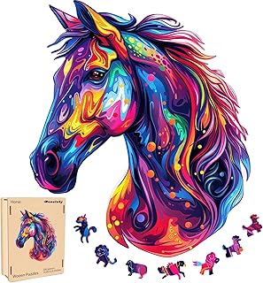 Reouinty Wooden Puzzles for Adults, Horse Liberty Cool Jigsaw Puzzles 200 Pieces, Unique Shape Animal Adult Pieces, Irregular Best Gift for Adults Family Game 10.8 x 12.6 in
