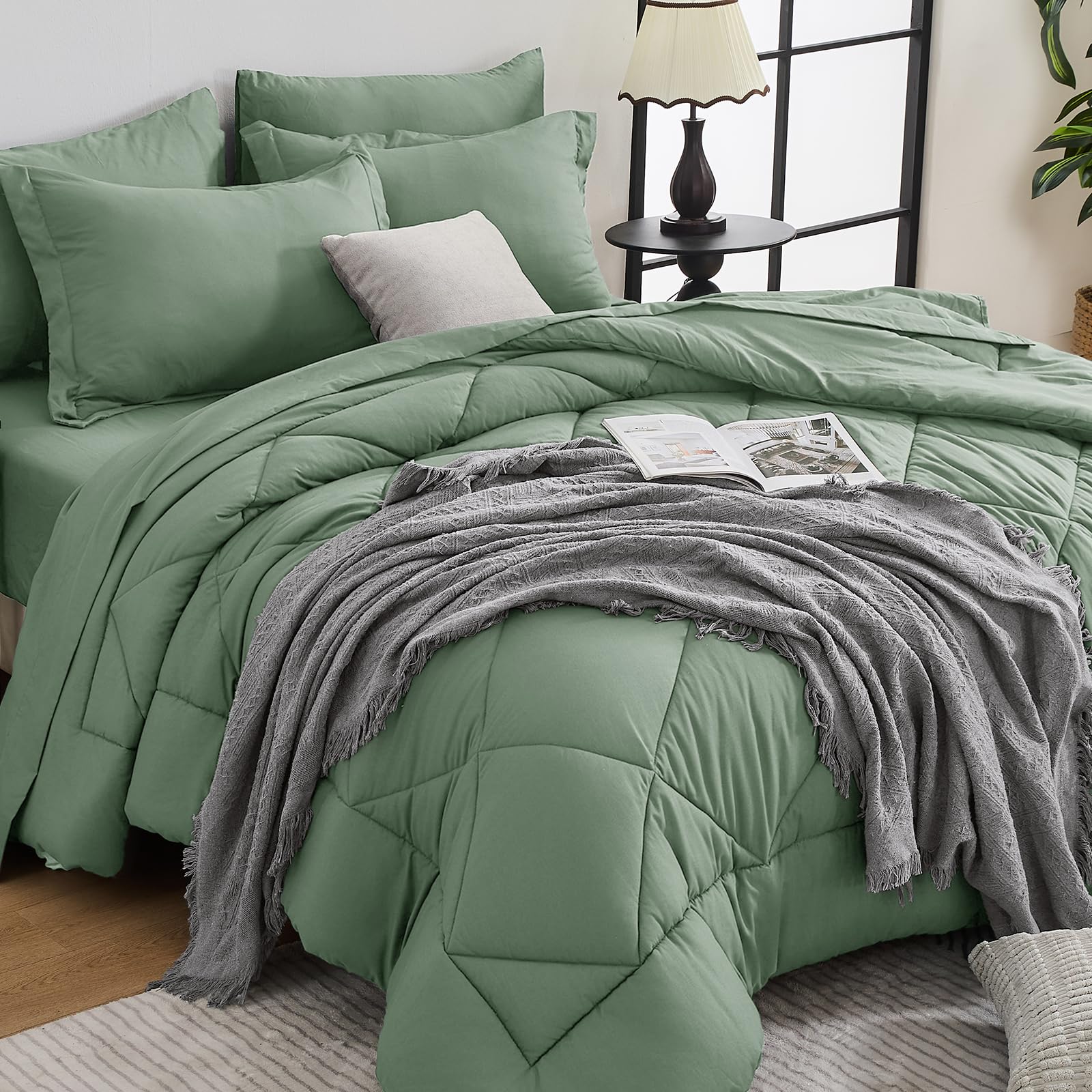 HEVUMYI 7-Piece King Comforter Set, Sage Bed in a Bag