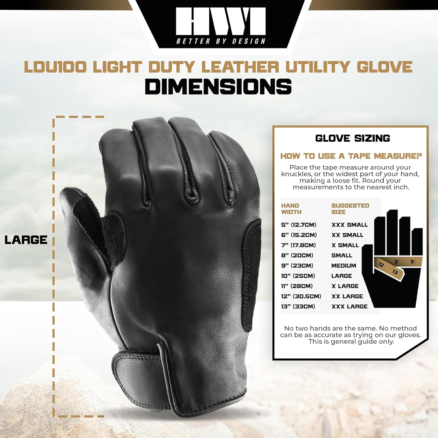 HWI Gear LDU100 Light Duty Leather Work Utility Gloves, Thick Cowhide, Flexible, Durable, Water Resistant, Outdoor Sports