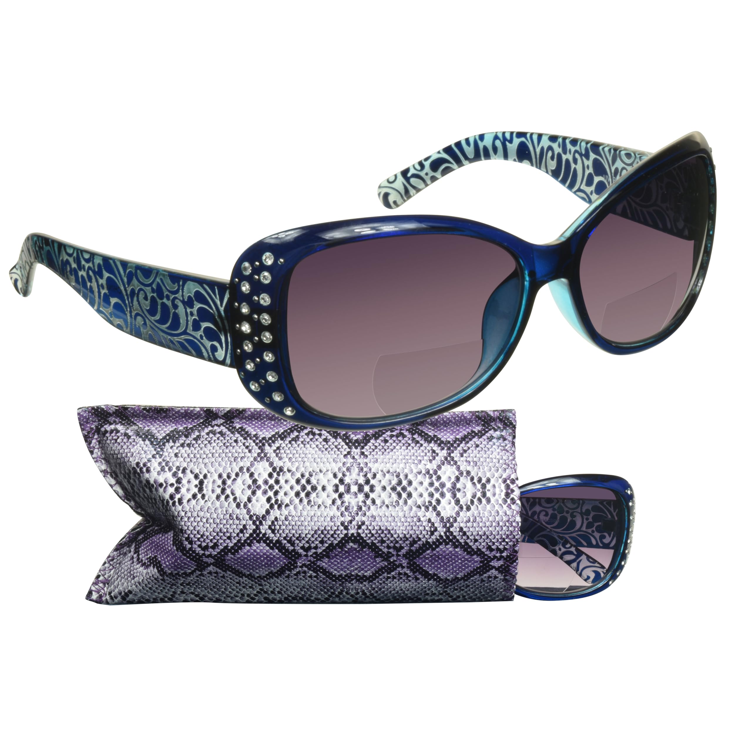 proSPORT Bifocal Reading Oversize Tinted Sunglasses Women Rhinestone Floral Butterfly +150 to +300 With Snakeskin Pouch
