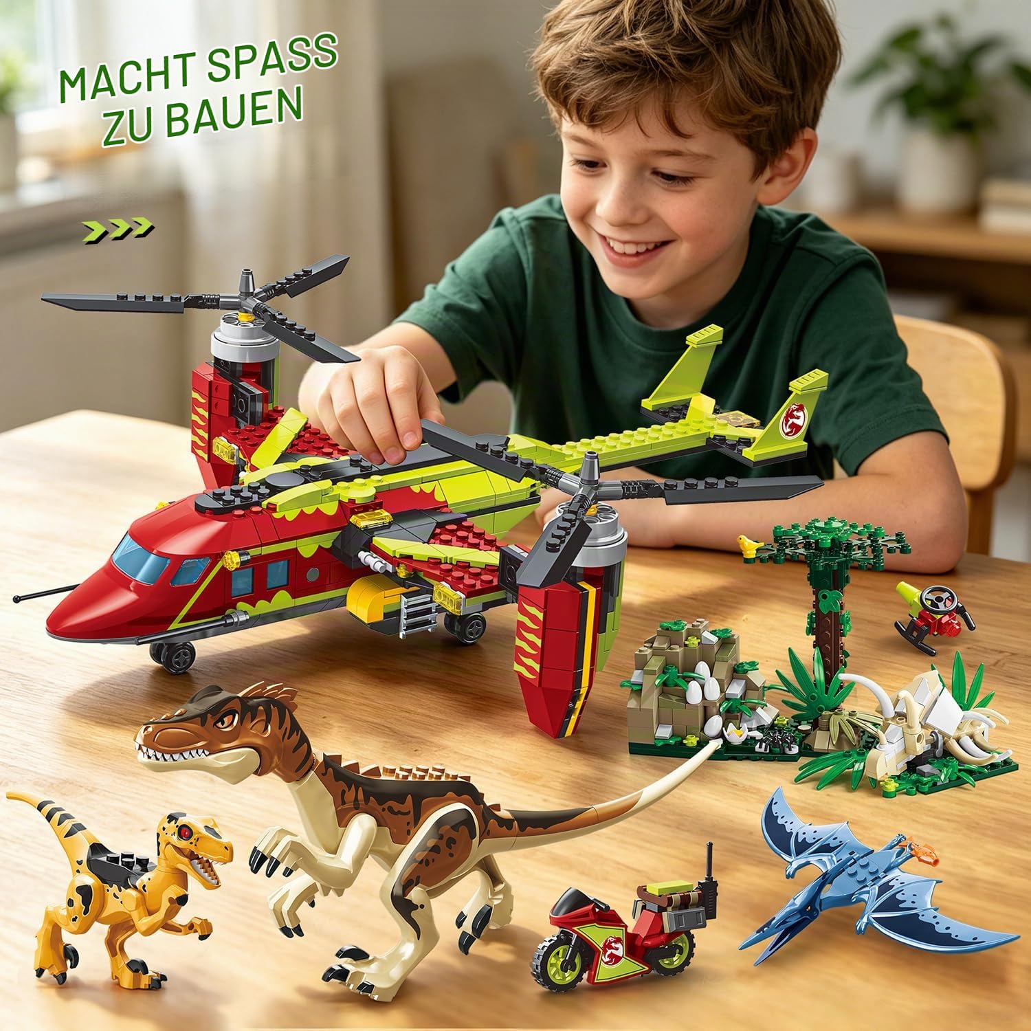 HOGOKIDS 3-in-1 Dinosaurier-Rettungsflugzeug-Bauset für Jungen ab 6 Jahren | Baue ein Kipprotorflugzeug, einen Transport- oder Doppelrotor-Hubschrauber mit Greifhaken – ein kreatives Geschenk ab 6