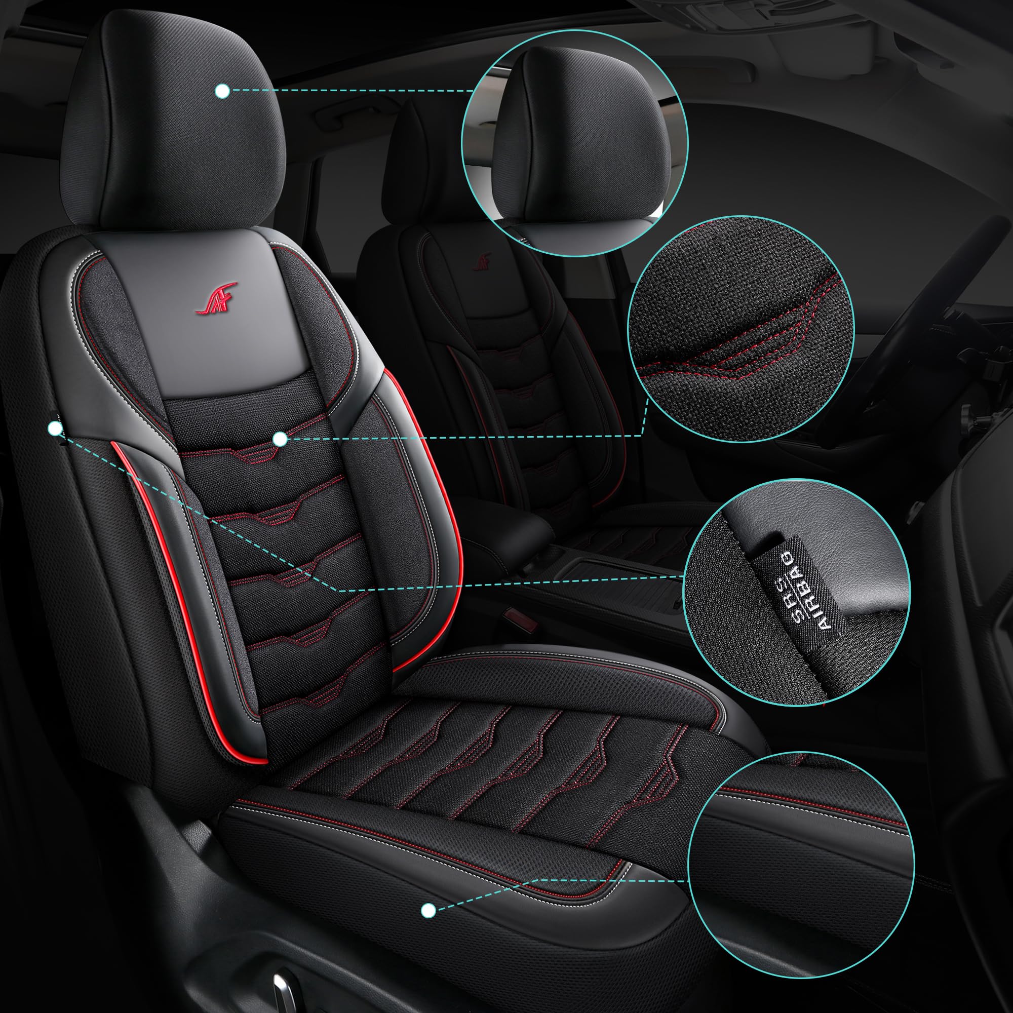 Housses de siège auto compatibles avec SsangYong Tivoli 2015 | Ensemble complet | Série AID | AID101 | Noir avec coutures rouges