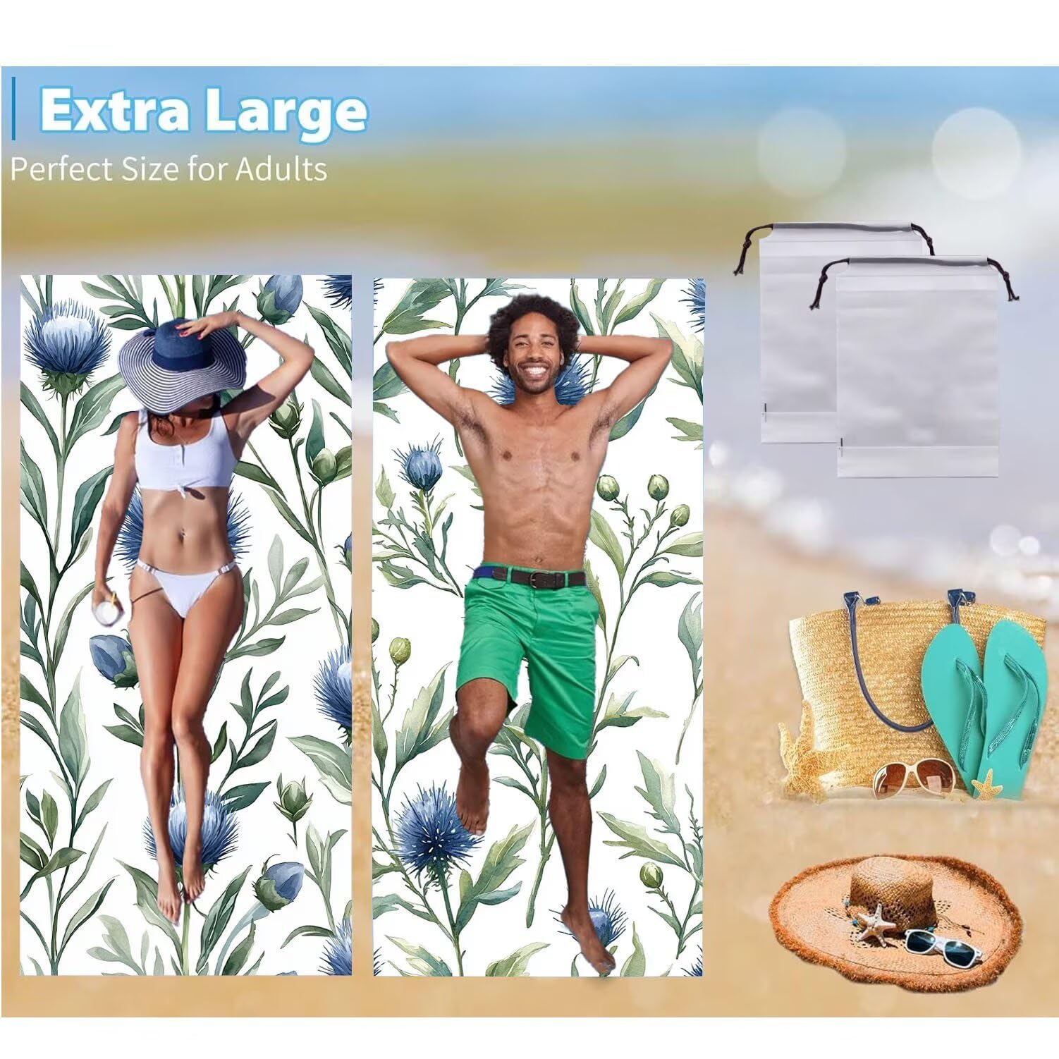 Ręcznik plażowy 90 x 200 cm, zestaw 2 dużych ręczników z mikrofibry szybkoschnący, chłonny, kompaktowy, ręcznik kąpielowy bez piasku lato koc plażowy damski do kąpieli prezent (niebieskie kwiaty) H