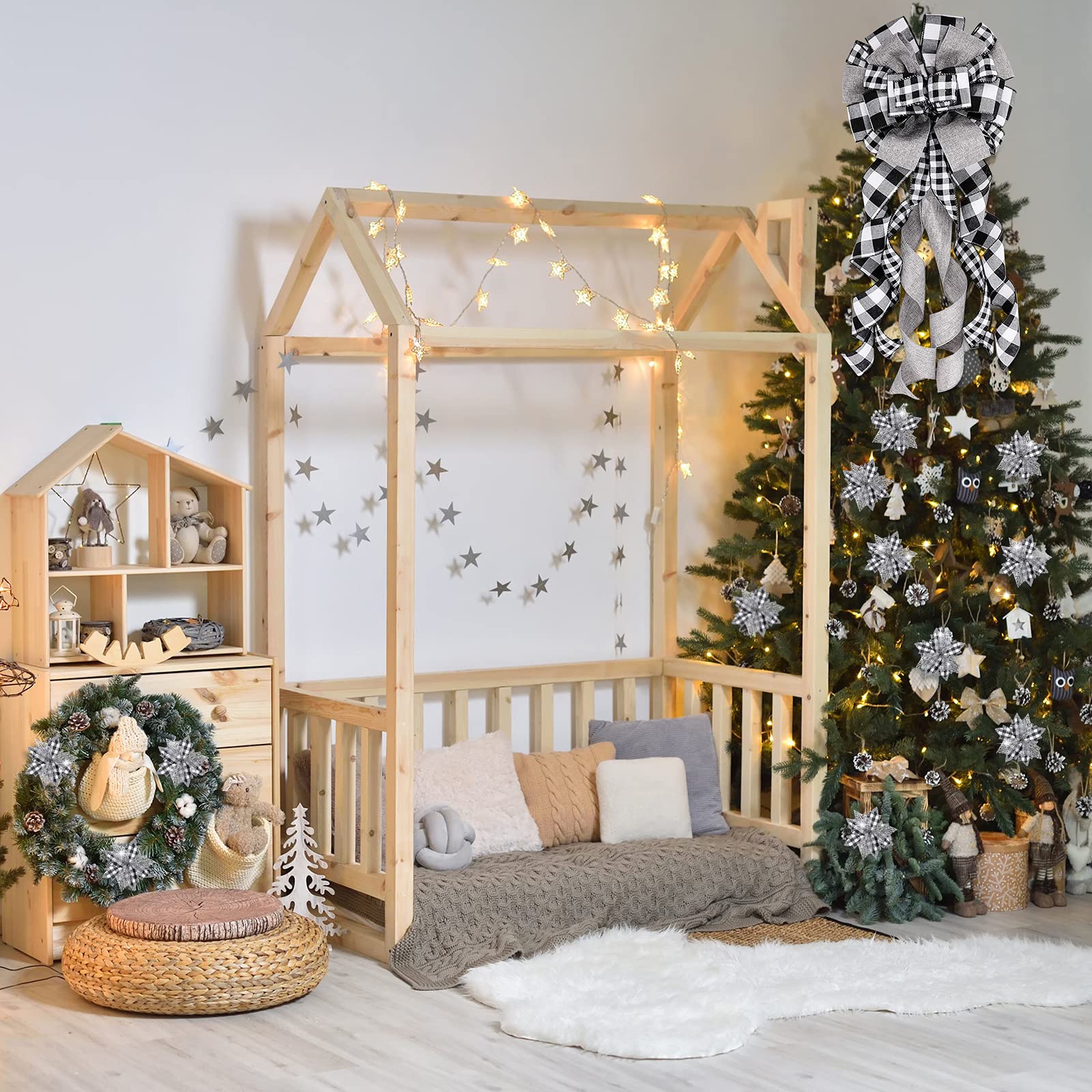 Syhood Grand Toppers de NUD 12 X 33 Pouces Noeud de Noël Suspendu Décoratif Ornements d'arbre de Noël Fleurs de Noël Artificielles avec Ruban pour Arbre de Noël (Carreaux Buffalo Noir Blanc)