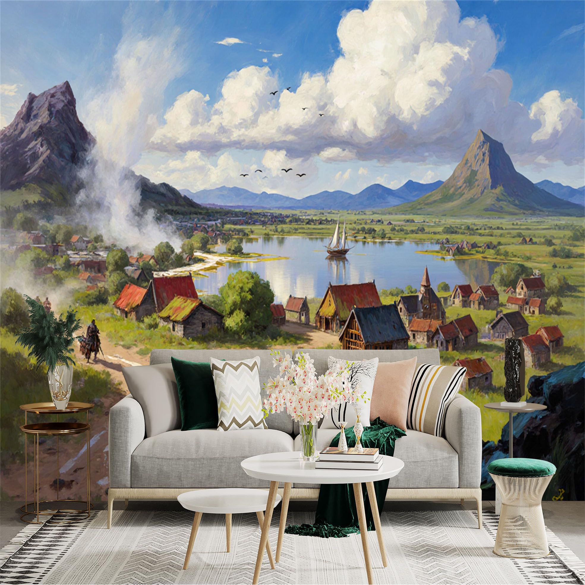 Custom Size Wall Sticker Mural， Medieval Village by Lake with Mountains and Sailboat Under Blue Sky， for wall Decoration， peelandstick wall Decals.