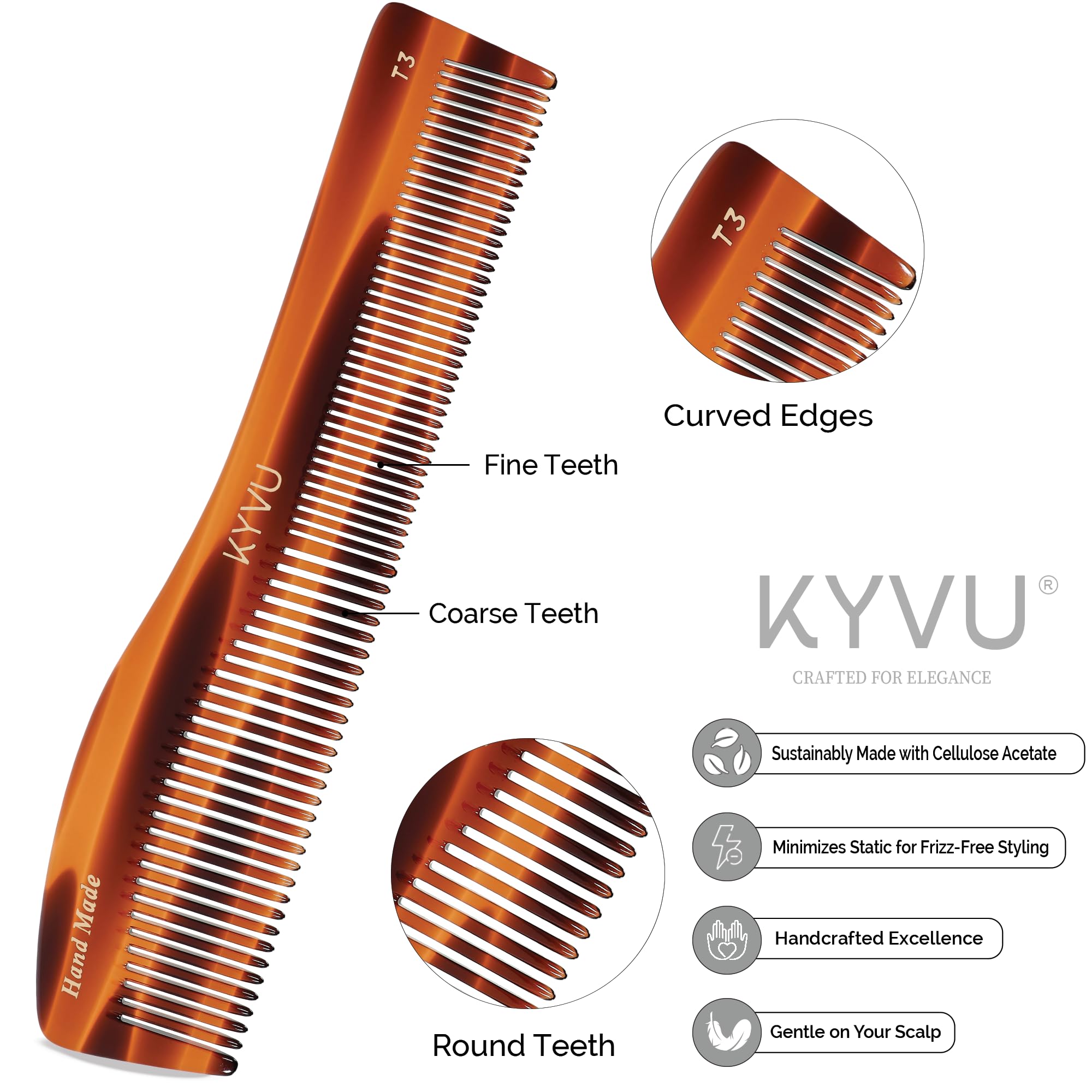KYVU Handmade Cellulose Acetate Comb T3, 20.3 cm, FINE & COARSE Teeth, Tortoiseshell Colour, Hair Styling for Men & Women - Image 2