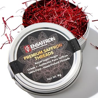 EnSaffron 4 Gram Natural Premium Thick All Red Saffron Threads, Sunlight Processed Natural Saffron Grade A+ Super Negin Non-GMO Verified. For Tea, Paella, Rice, Desserts, Golden Milk and Risotto