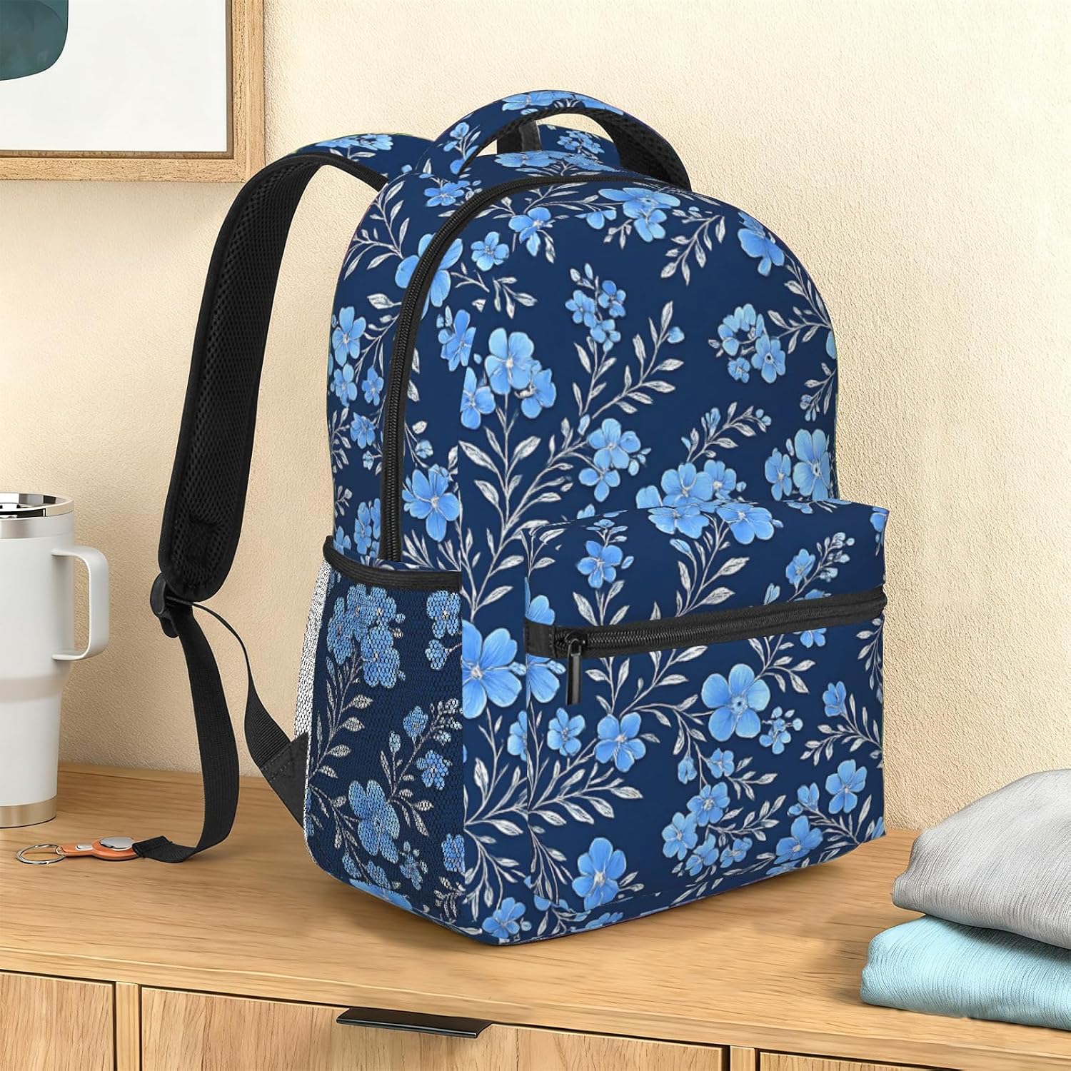 Elegant Floral Backpack for School, Work, Camping, Lightweight Travel Daypack with Multi-Pocket Storage, Adjustable Shoulder Straps Bookbag, 11.4×5.9×15.7in, Kids Women Girls Gifts Backpacks