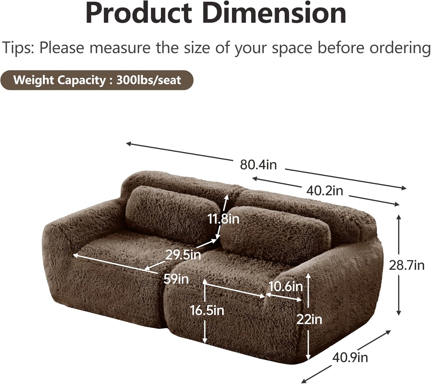80'' Boneless Loveseat Cloud Couch, Modular Sectional Sofa, Comfy Fluffy Plush Cloud Sectional Couches for Living Room, Modern 2 Deep Seat Sofas for Bedroom, Apartment, Brown