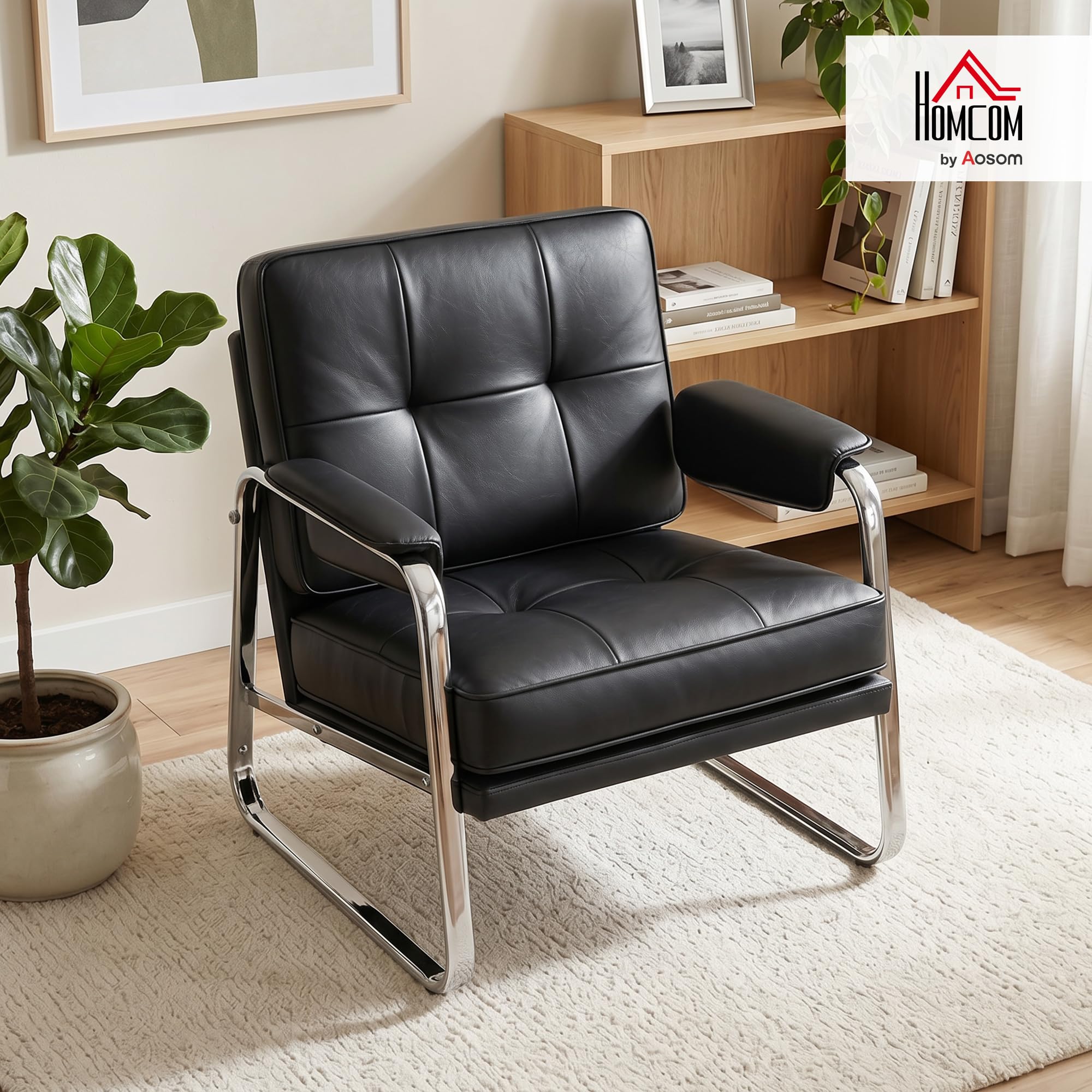 HOMCOM Sessel Loungesessel mit breiter Sitz, Armlehnen, Polstersessel mit Stahlbeinen, Knopfheftung, Dicker Polsterung Relaxsessel aus Kunstleder für Wohnzimmer, Schlafzimmer, Schwarz