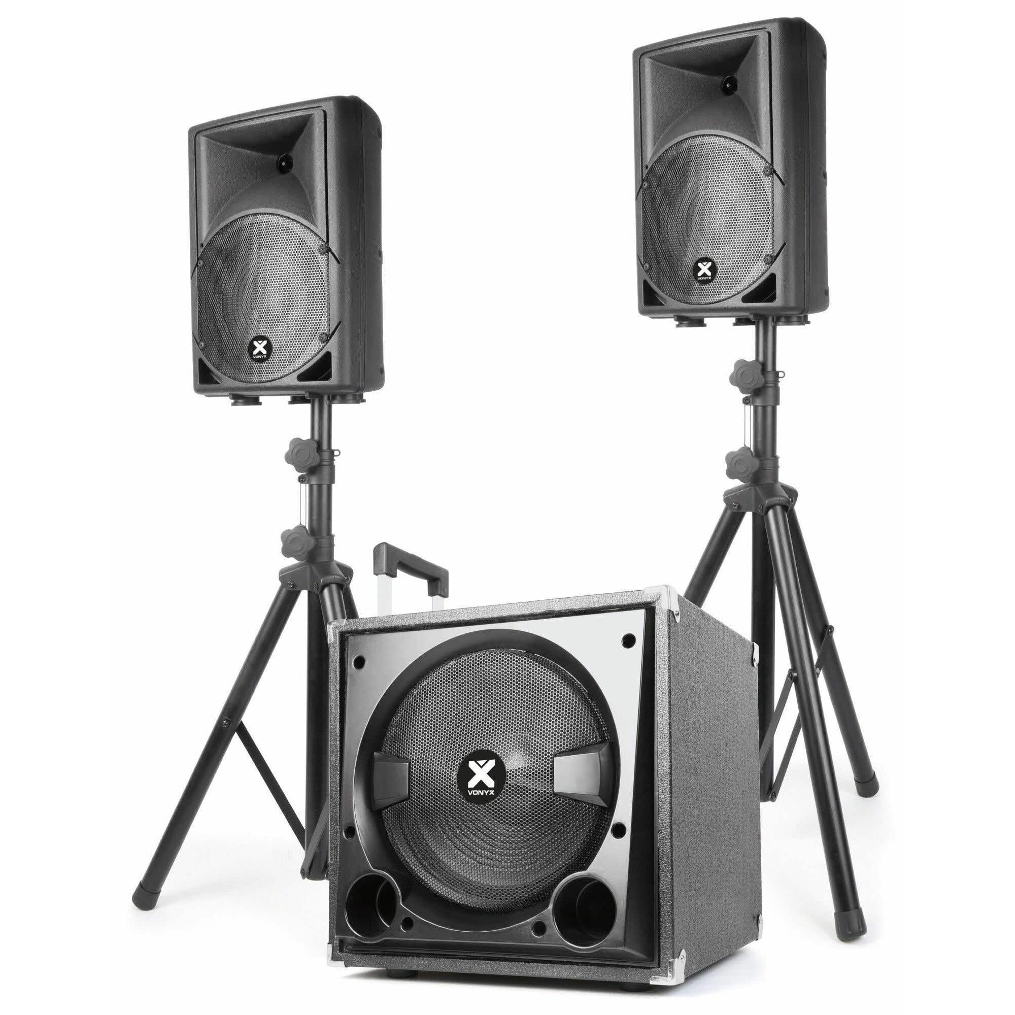 Vonyx VX800BT – DJ Boxen Set mit aktivem Subwoofer (12 Zoll) und zwei passiven Tops