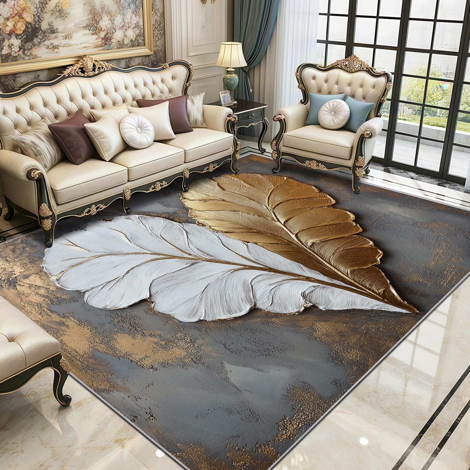 3D Effekt Teppich Waschbar, Modern Luxus Blatt Teppich 80x150 cm, Herzn Kunst rutschfest Waschbar Pflegeleicht Teppiche Für Schlafzimmer Küche, Grau Weiß Gold