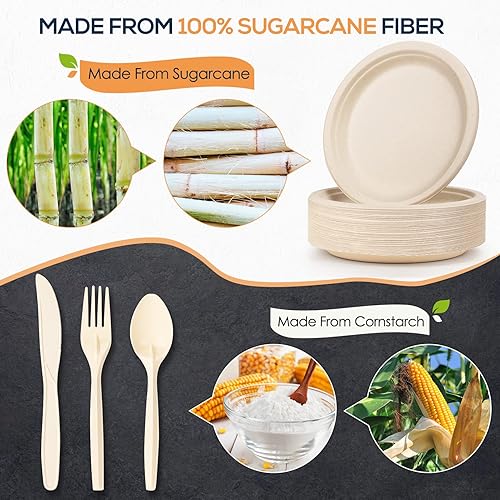 Miniatura 2 de Gezond Juego de 375 platos de papel compostables, vajilla desechable ecológica que incluye 125 platos de 10 pulgadas, 50 platos de 9 pulgadas, 50