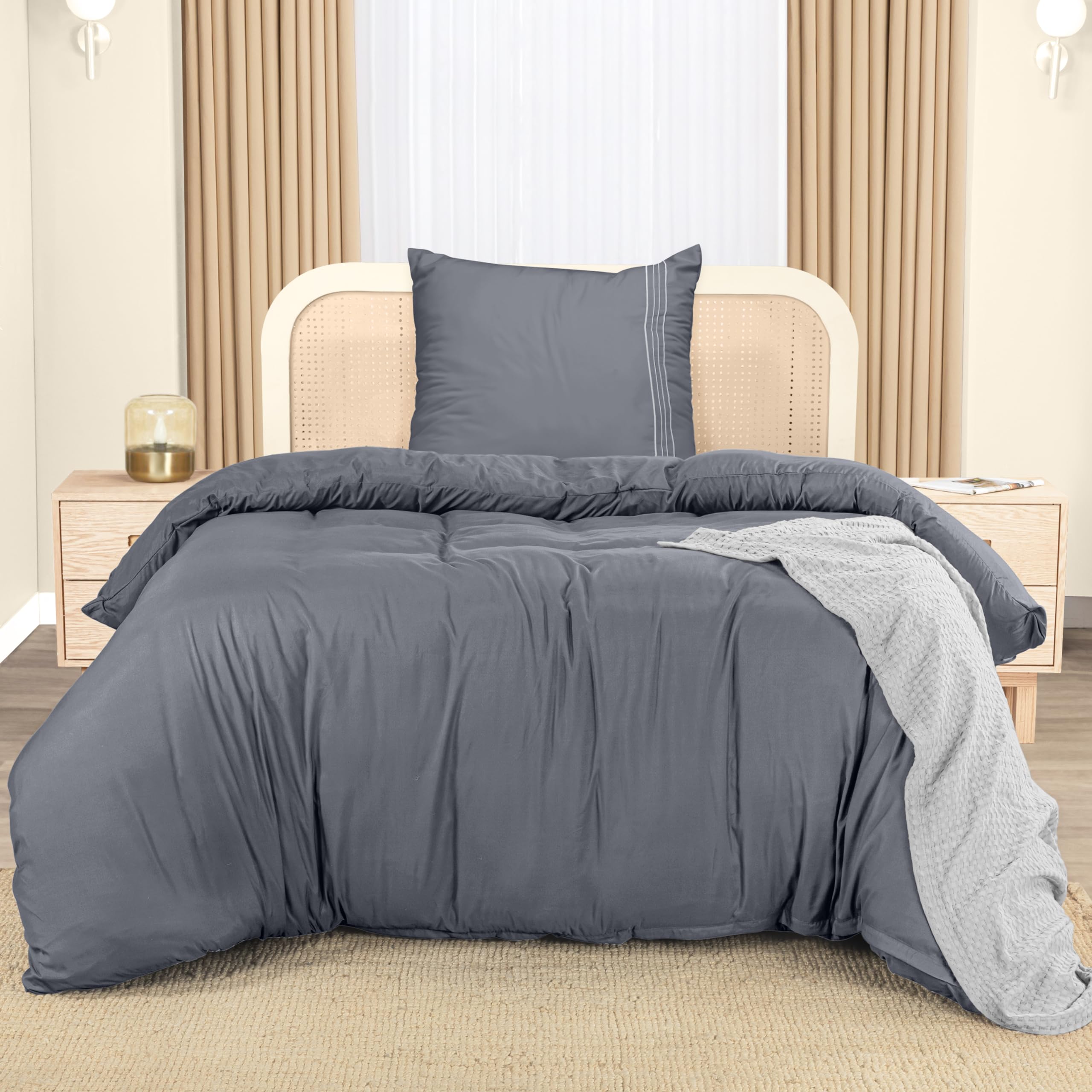Utopia Bedding Copripiumino Singolo - Copripiumino In Microfibra Di Poliestere 135x200cm + Federa Ricamata 80x80cm – Grigio