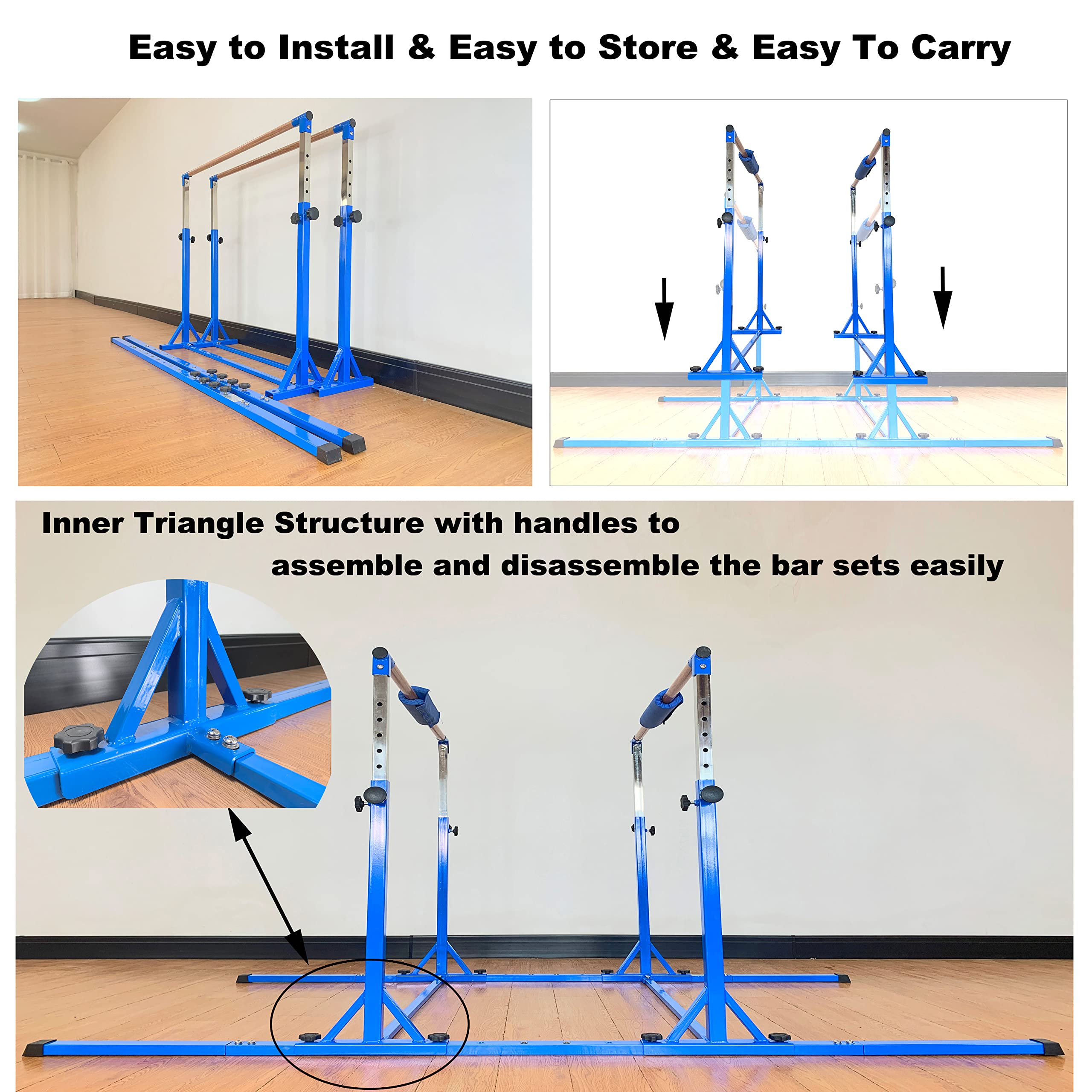 Gymnastics Double Horizontal Bars 3Play Parallel Bars Uneven Bars Gymnastics Training Kip Bar with 304 Stainless Steel Regulating Arms & Fiberglass Rail for Indoor Outdoor Home Club Use