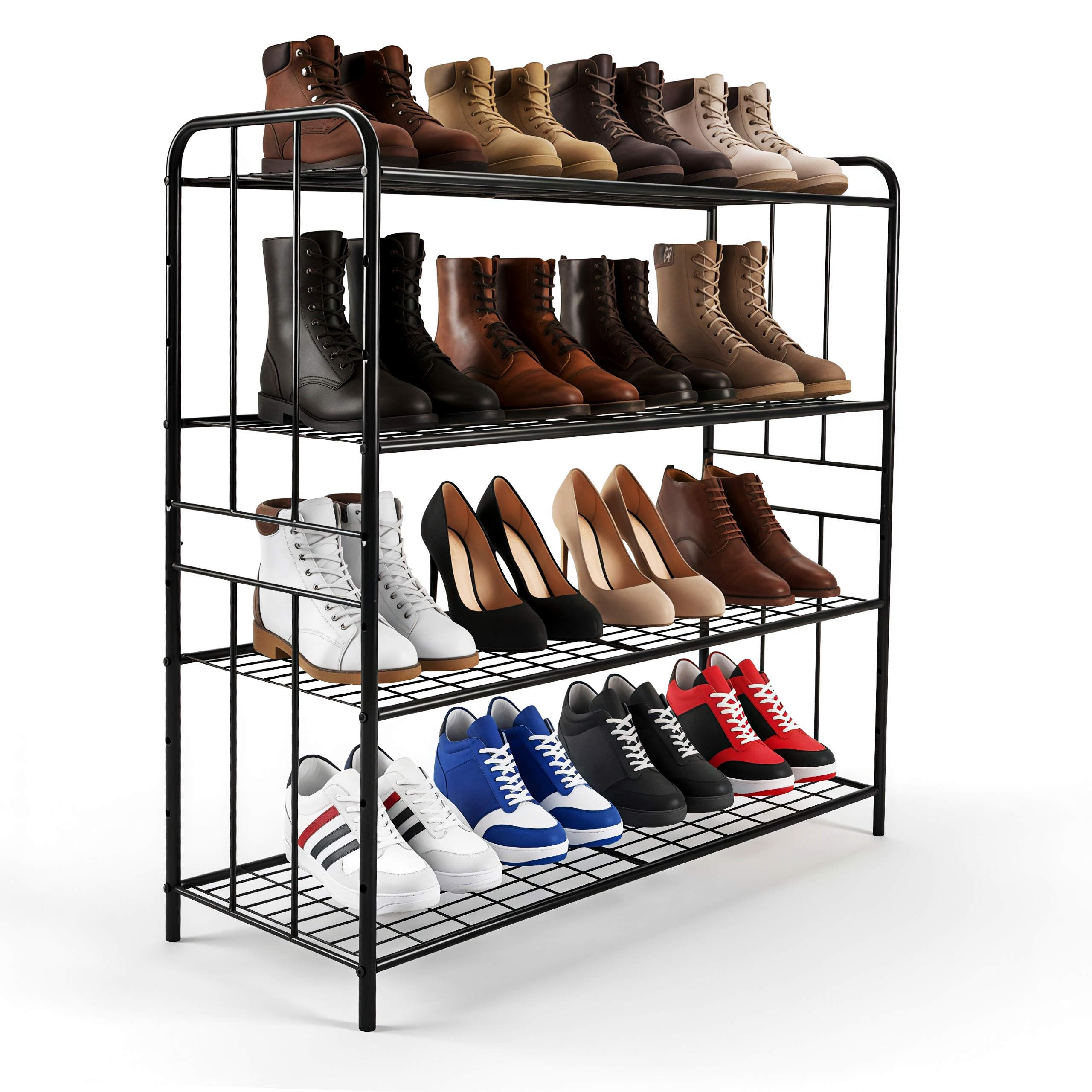 HOSY 4-Tier Metal Shoe & Boot Rack, Standing Adjustable Black Utility Shelf