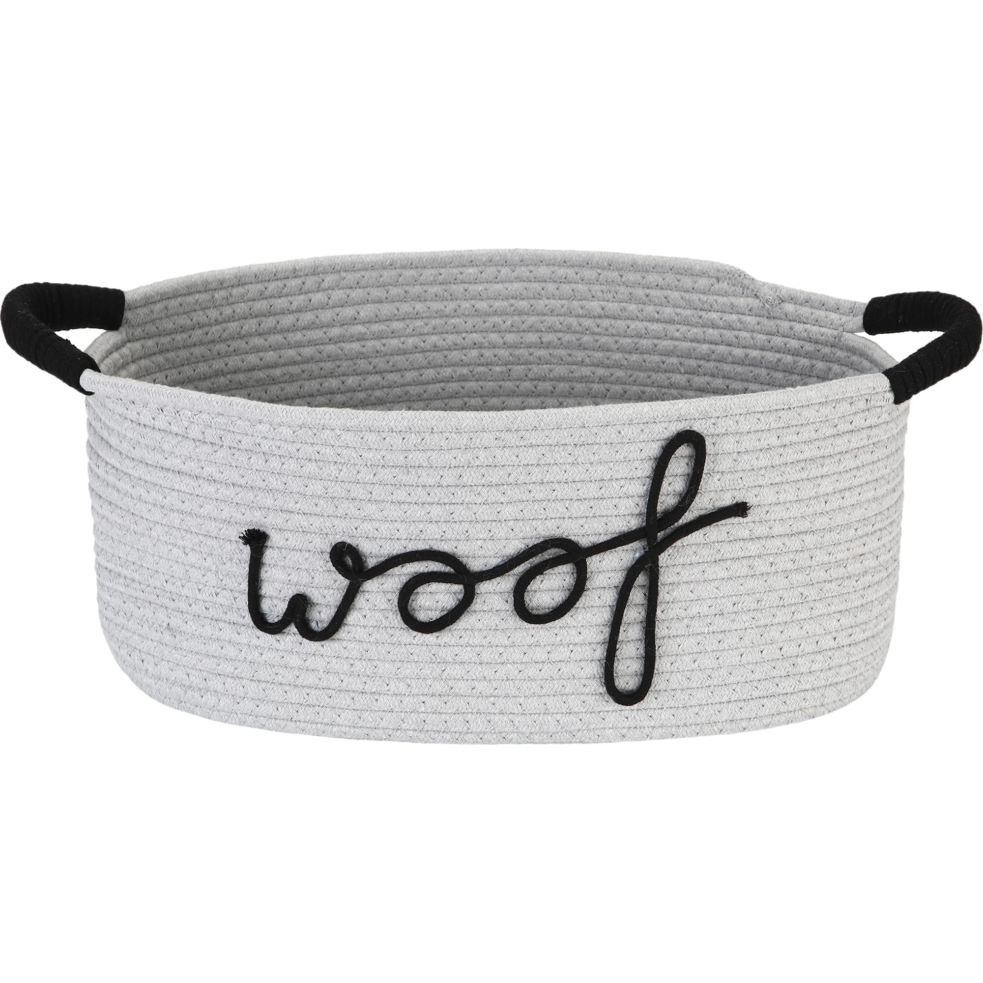 Sea Team Dog Toy Storage Basket with Handles, 16.5 x 11 x 7 Inches, 4.4 Gallons Large Cotton Rope Storage Bin, Shelf Basket, Organizer for Pet Chew Toys, Foods, Grey Woof