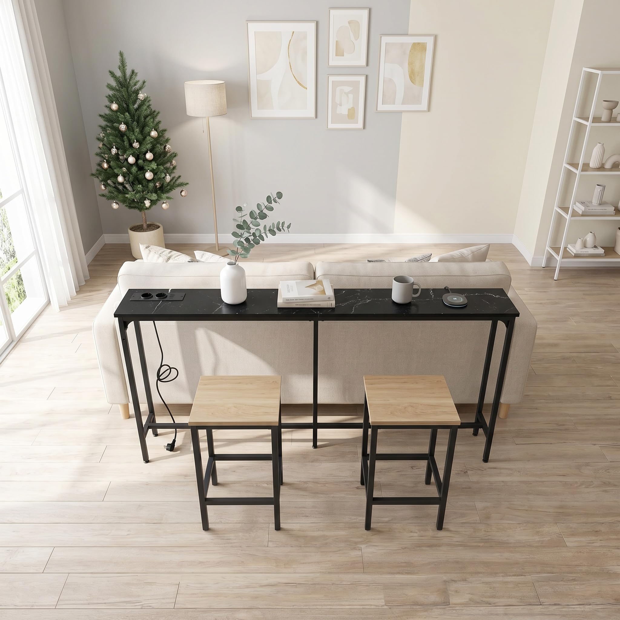 Tavolo Consolle per Ingresso con Presa L 180 cm Effetto Marmo&Nero/1 Pezzo | Consolle Dietro Divano Tavolino Laterale per Corridoio Ingresso Veranda Balcone Soggiorno, Faux Marmo e Nero/180x20x80 cm