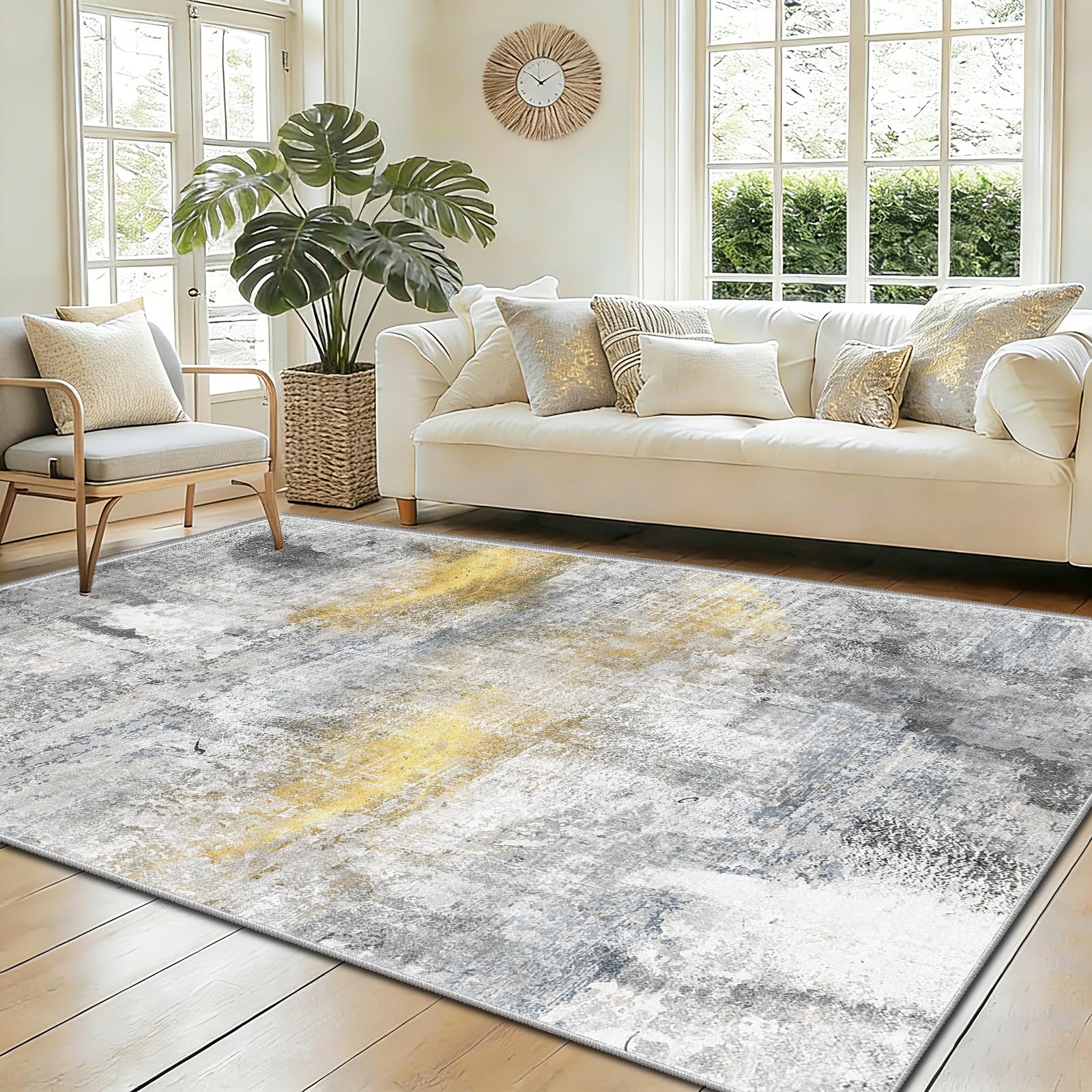 WQMMD Large Washable Rugs Living Room 300x400cm Light Grey and Gold mit White Ultra Thin Rugs Non-slip Modern Abstract Floor Carpet for Bedroom Dining Room Kitchen Office