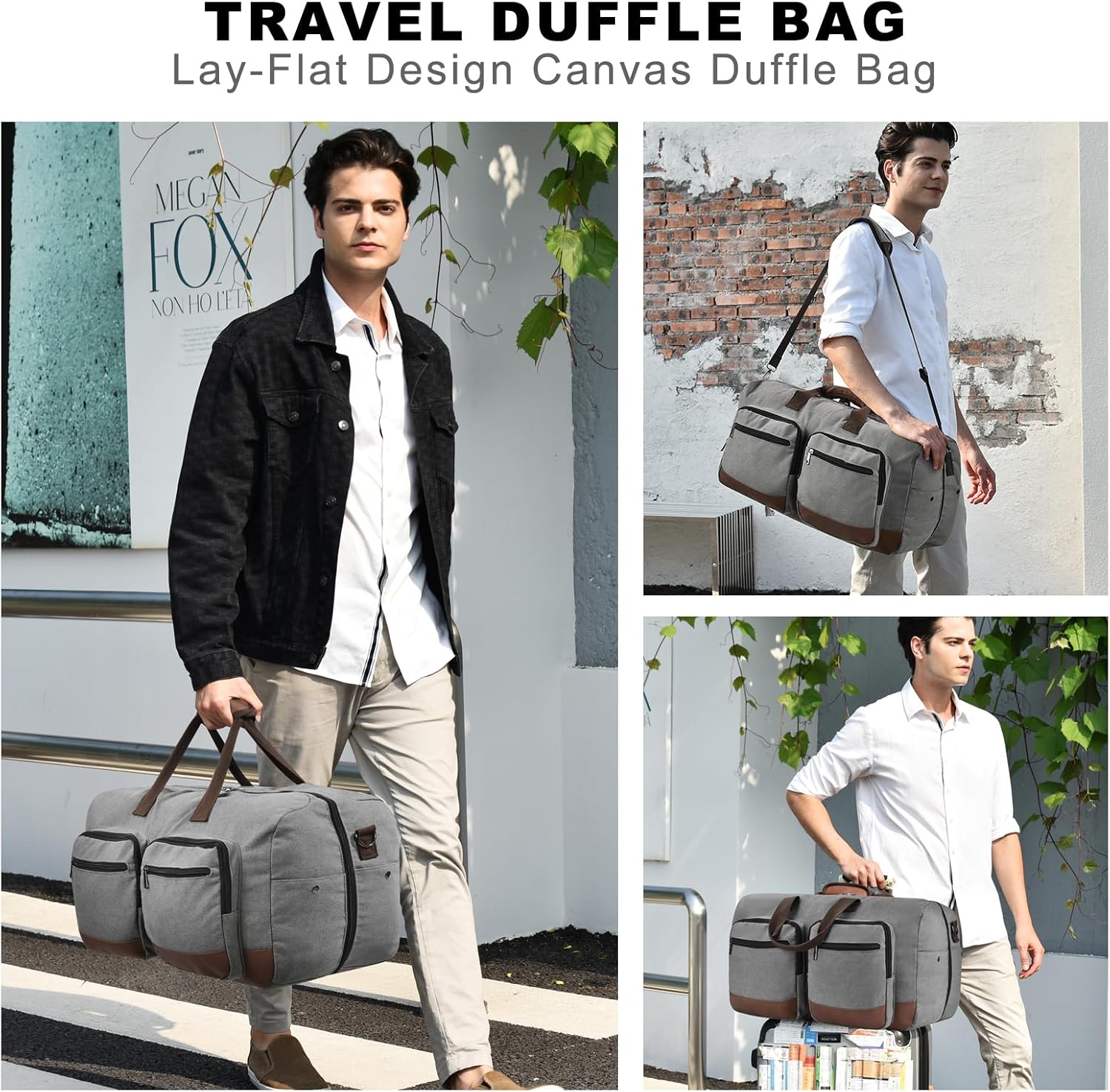 Duffle Bag for Travel, Canvas Travel Duffel Bags with Lay-Flat Design, Large Travel Duffle Overnight Weekend Gym Carry On Duffel Bag for Men & Women(Grey) - Image 2