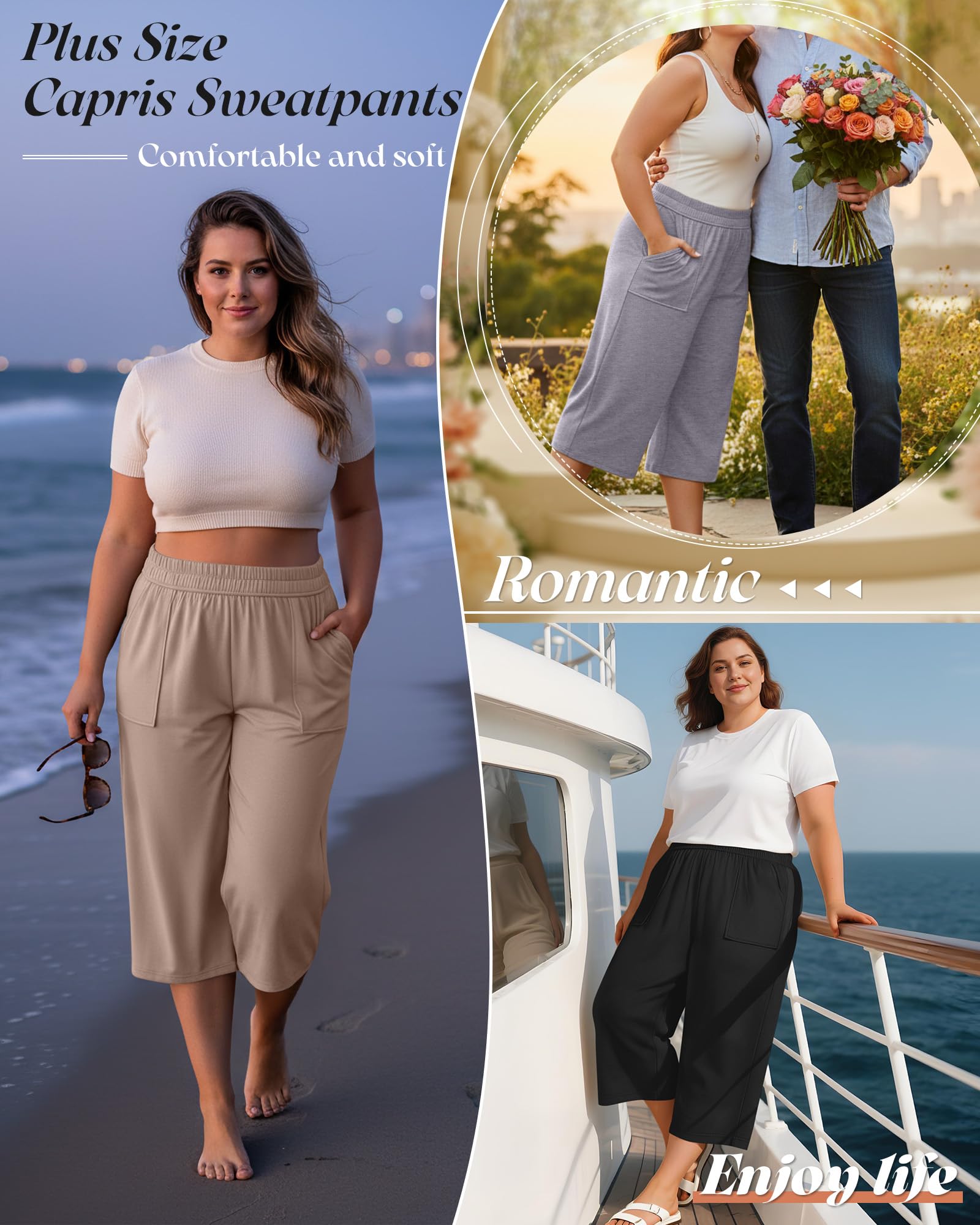 Neer Lot de 3 Pantalons Capri à Jambe Large en Coton pour Femme - Grande Taille - Taille élastique - Coupe Ample - Pantalon de Sport avec Poche