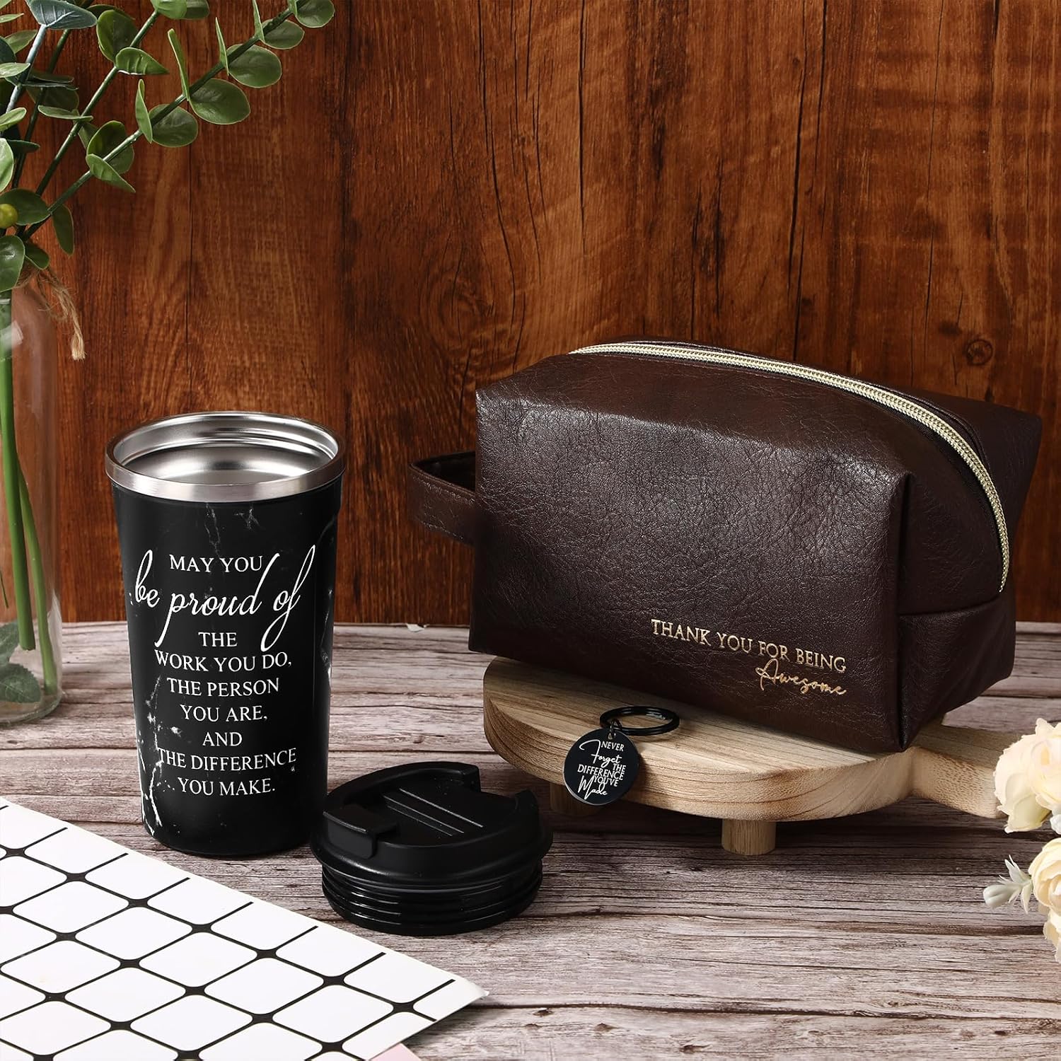 Roshtia Thank You Gift for Men 17 oz Stainless Steel Tumbler with Lid Leather Toiletry Bag Inspirational Keychain Team Gift for Male Employee Teacher Birthday(Obsidian Style) - Image 4