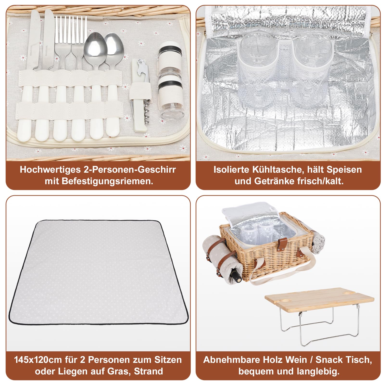 Juego de cesta de picnic con mini mesa plegable y juego de cubiertos, cesta de picnic para 2 personas con bolsas frías, cesta de mimbre con asa, cesta de mimbre para picnic, camping, fiesta al aire