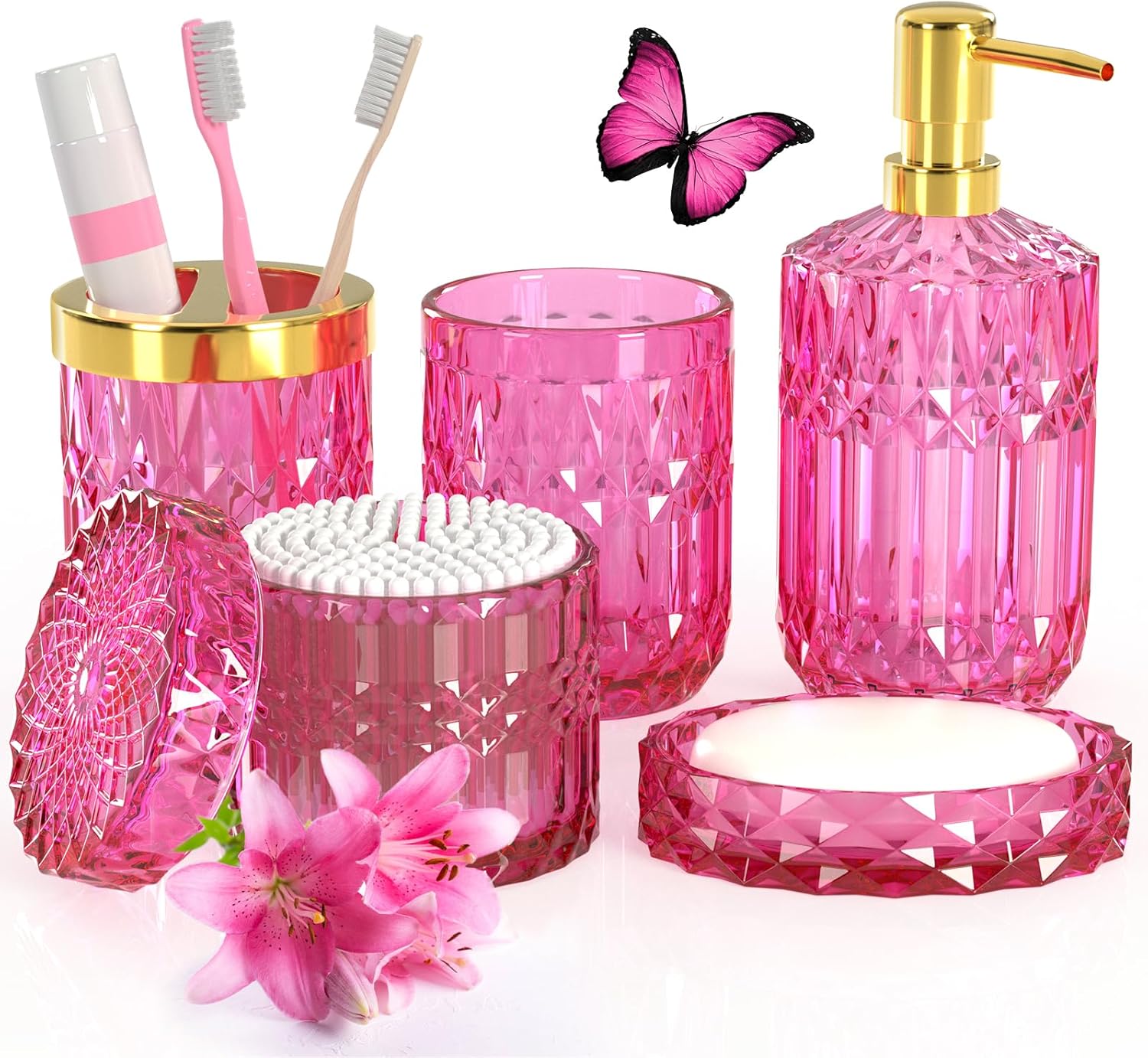 HotPink Bathroom Accessories Set 5 Pcs, Modern Glass