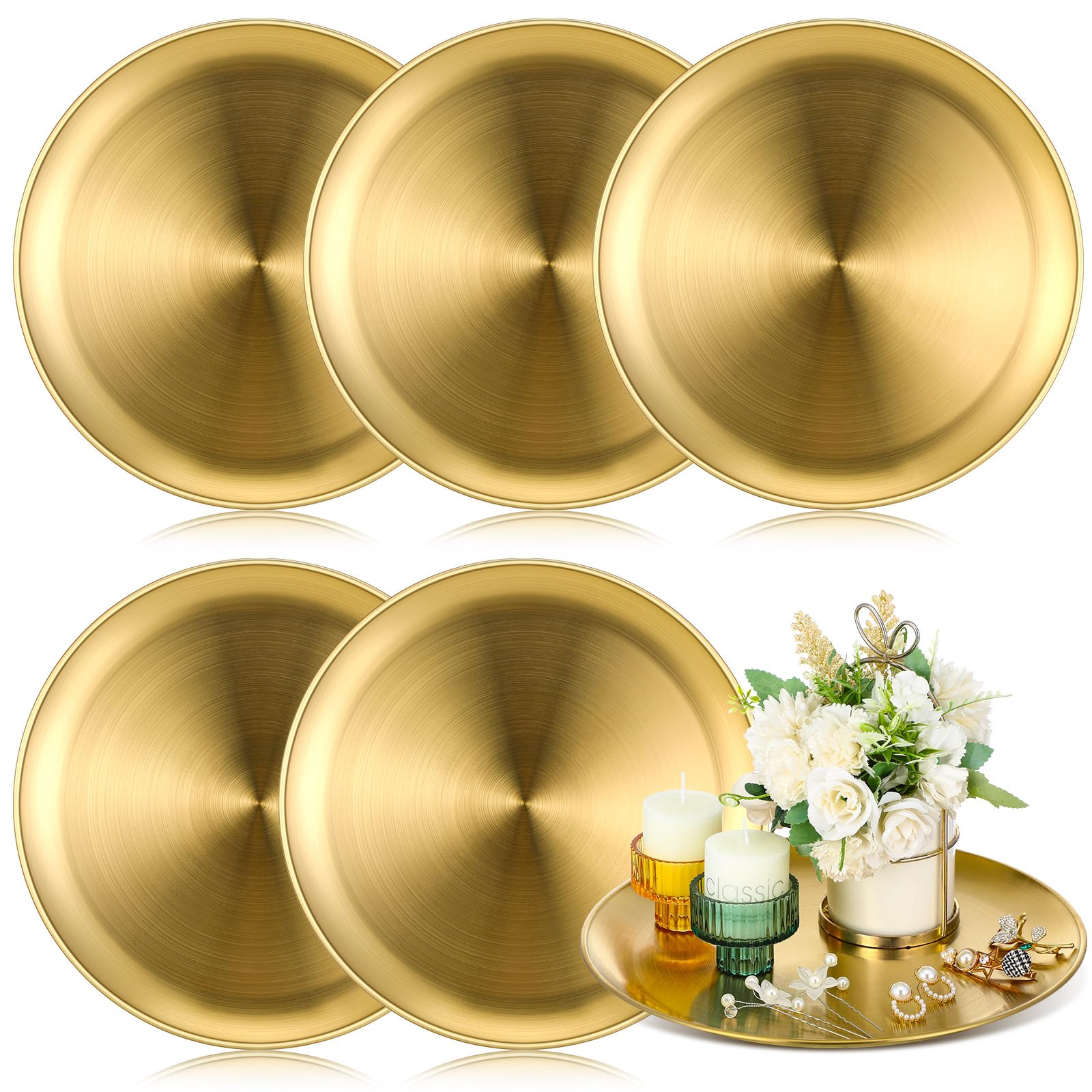 Nuogo6 Pack Gold Tray Decorative 12 Inch Serving Decorative Gold Jewelry Bar Jewelry Dish Key Bowl Mirror Dresser Decor Vanity Tray Jewelry Makeup Organizer for Bathroom Candle Perfume Countertop