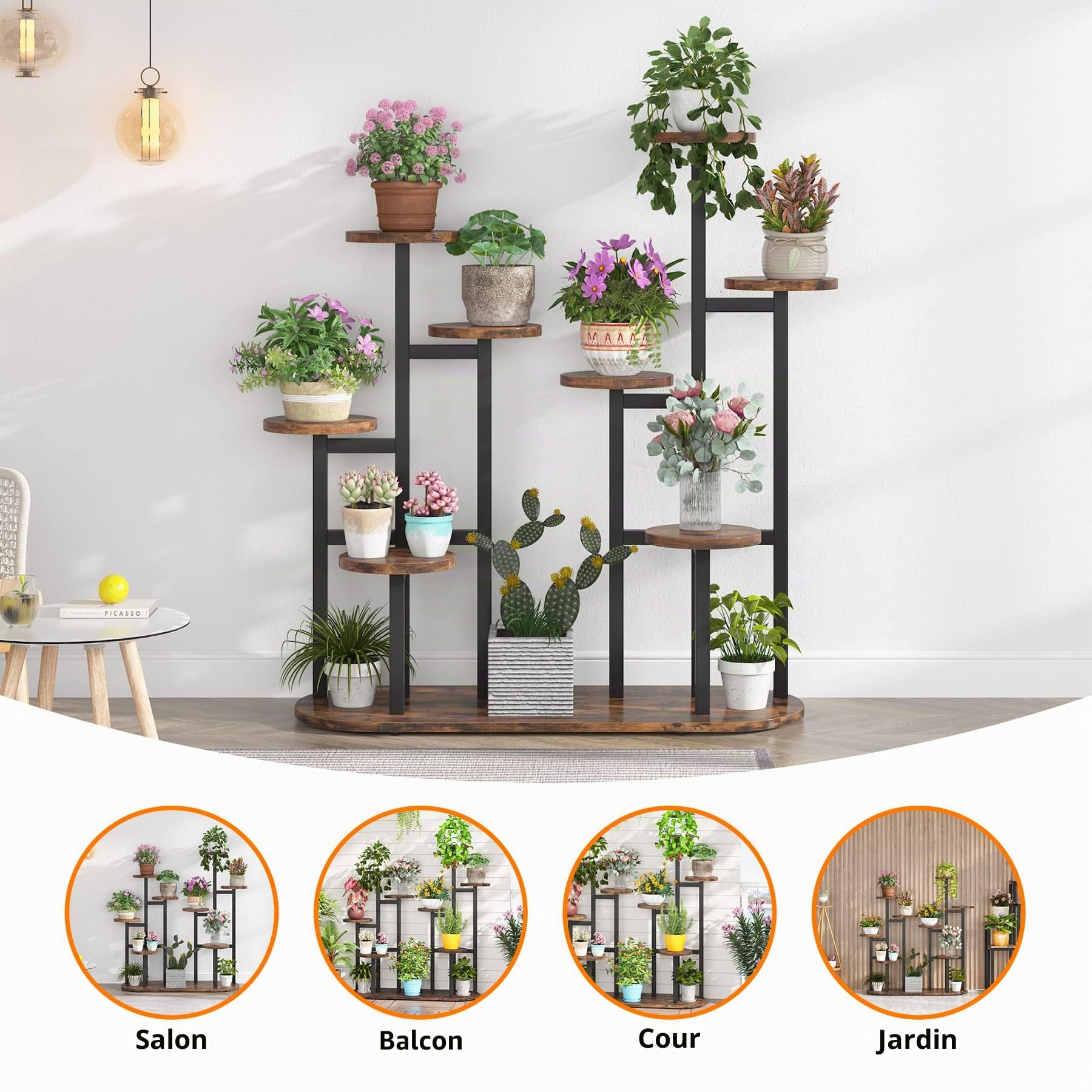 Tribesigns Support de plantes d'intérieur à plusieurs étages pour 11 pots de fleurs, support de rangement pour jardin, balcon, salon, marron rustique