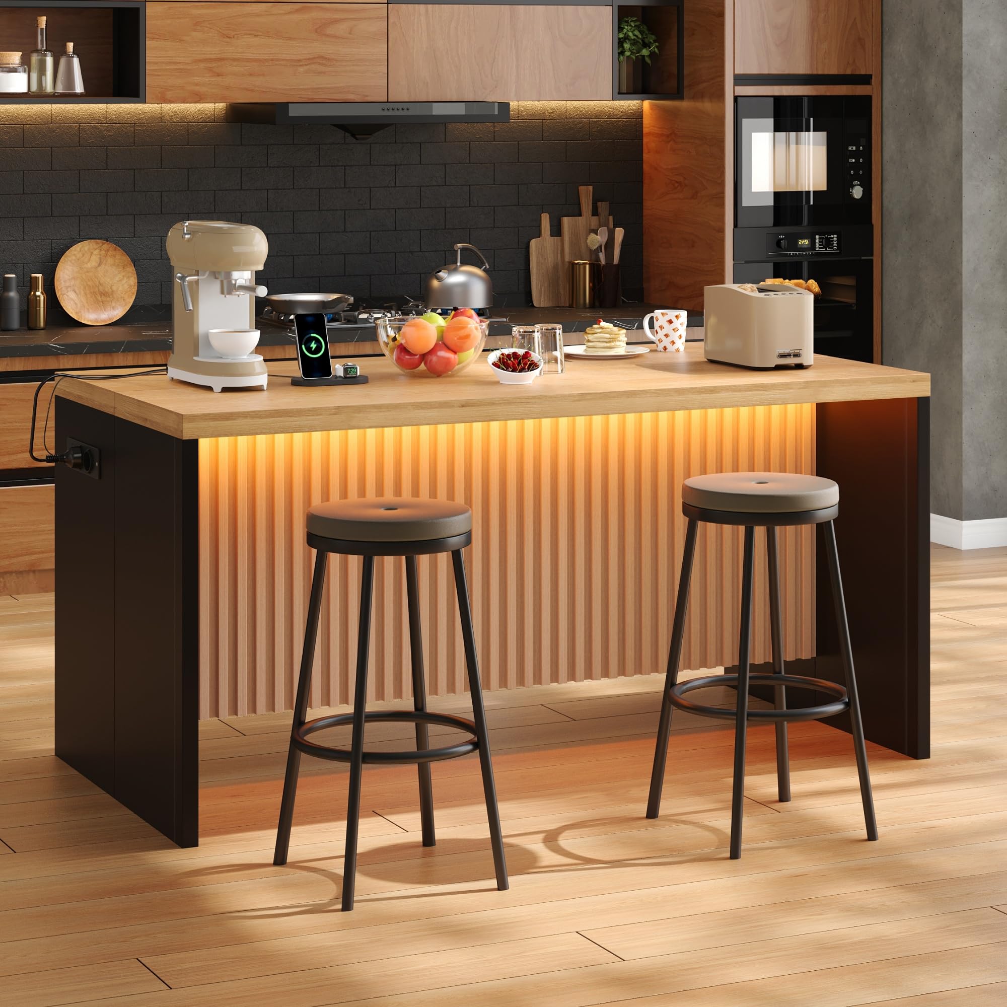 Merax Isola da cucina autoportante con piano di lavoro effetto legno da 40 mm, isola da cucina con LED, presa 2 prese, 2 USB, moderno tavolo da bar per cucina, sala da pranzo, 155 x 80 x 90 cm, nero +