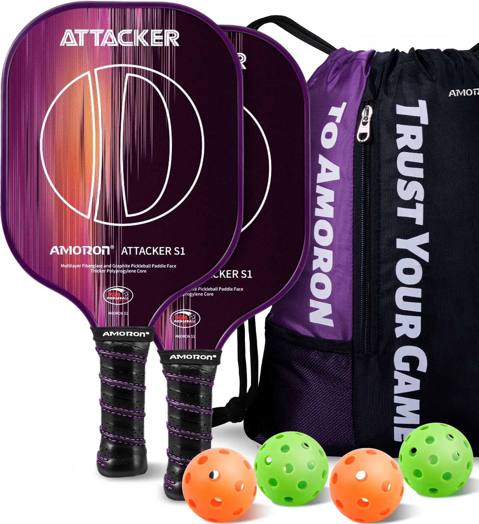 Pickleball Paddles Set, USAPA Approved Multilayer Fiberglass and Carbon Face, 25% Thicker PP Core Pickleball Rackets, Lightweight Pickleball Set of 2