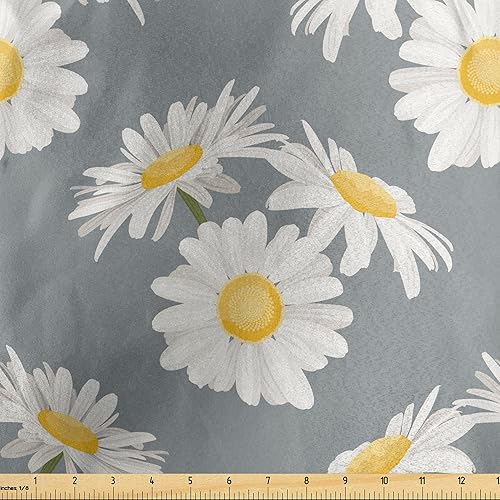 Lunarable Grey Yellow Fabric by The Yard, Romantic Repetition of Blossoming Daisy Petals Spring Garden Scenery, Decorative Satin Fabric for Home
