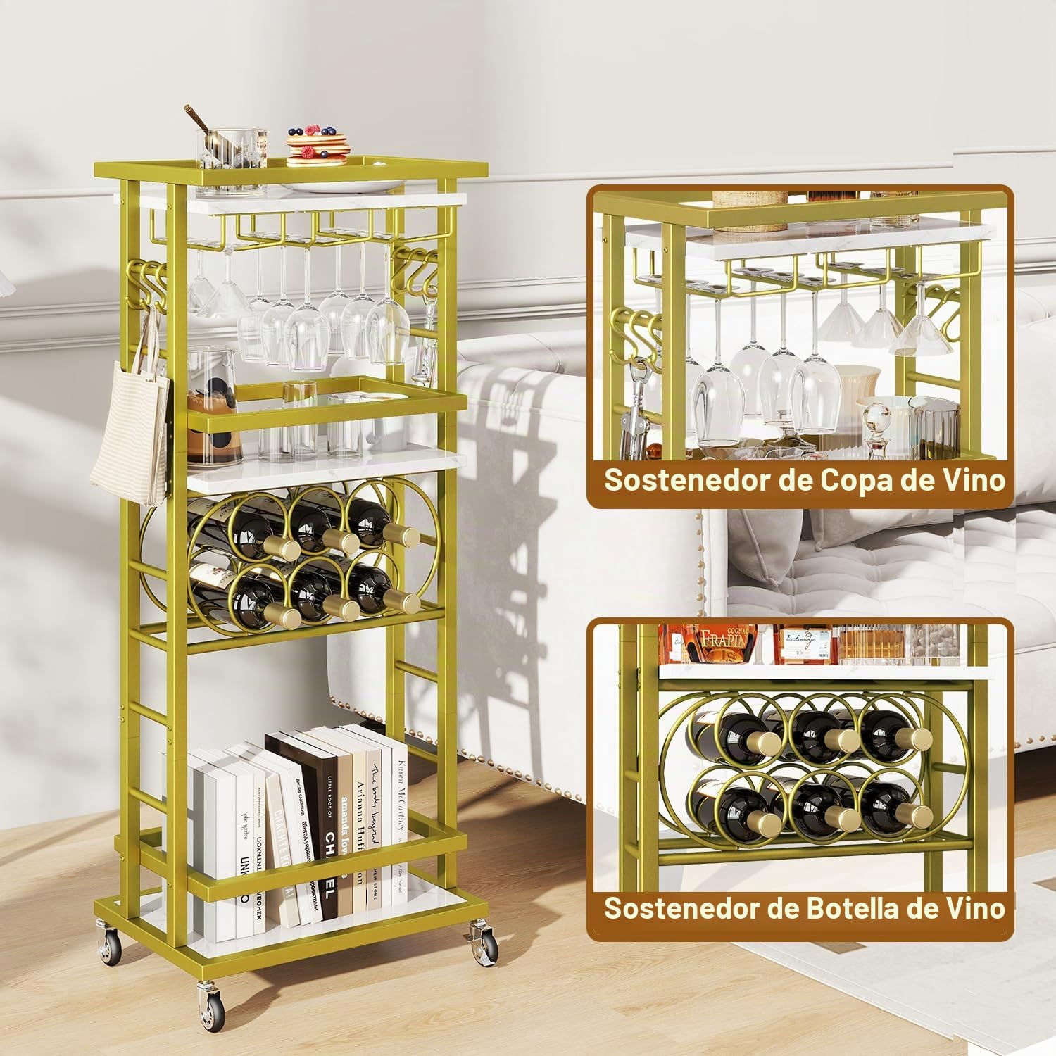 IBUYKE Botellero Vino con Ruedas, Carrito Bar 4 Niveles, Mini Bar rodante Blanco