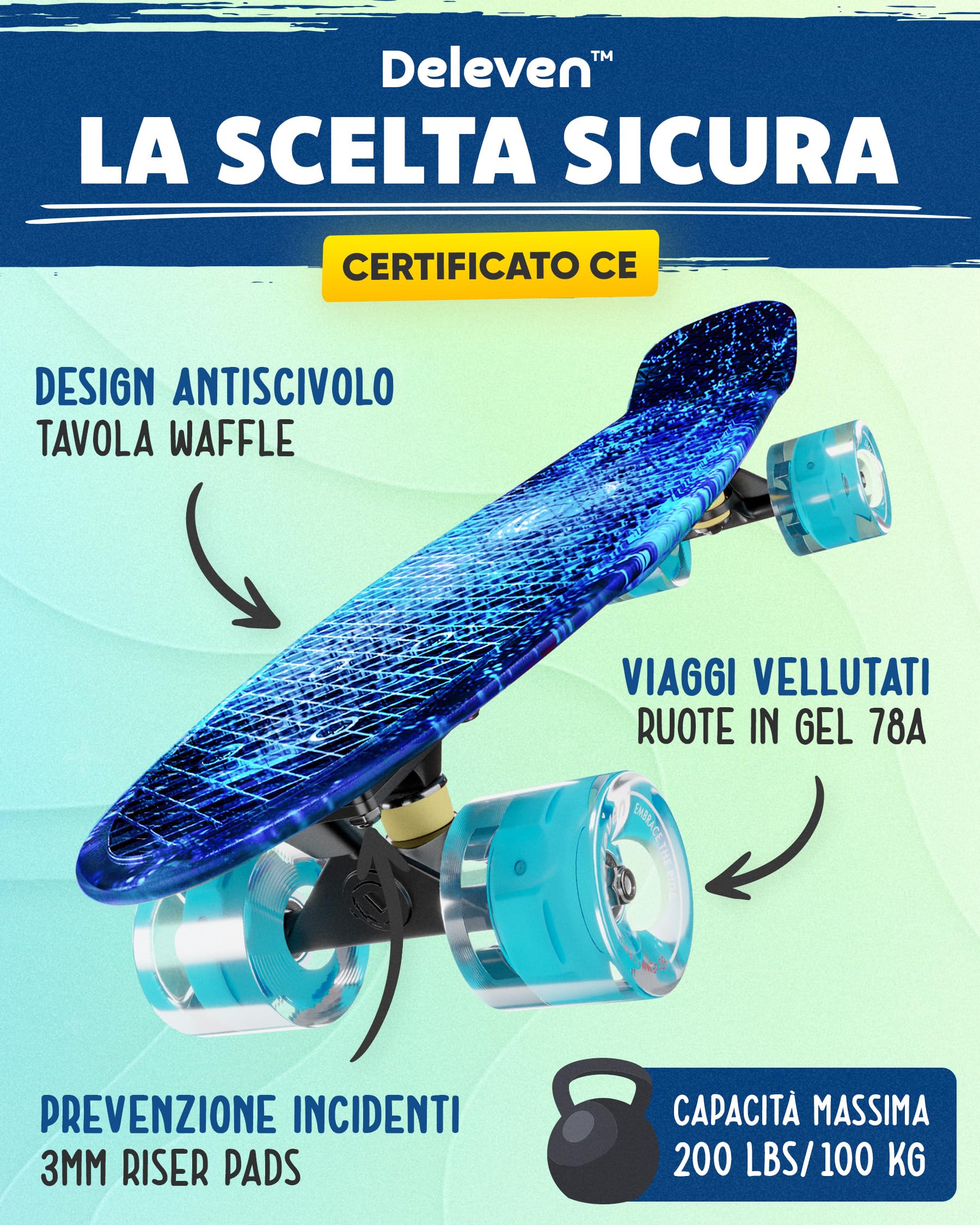 Deleven Skateboard 56cm con Ruote LED, Tool per Skate e Cuscinetti Abec 7 - Per Bambini Principianti Ragazze Ragazzi Adolescenti Adulti